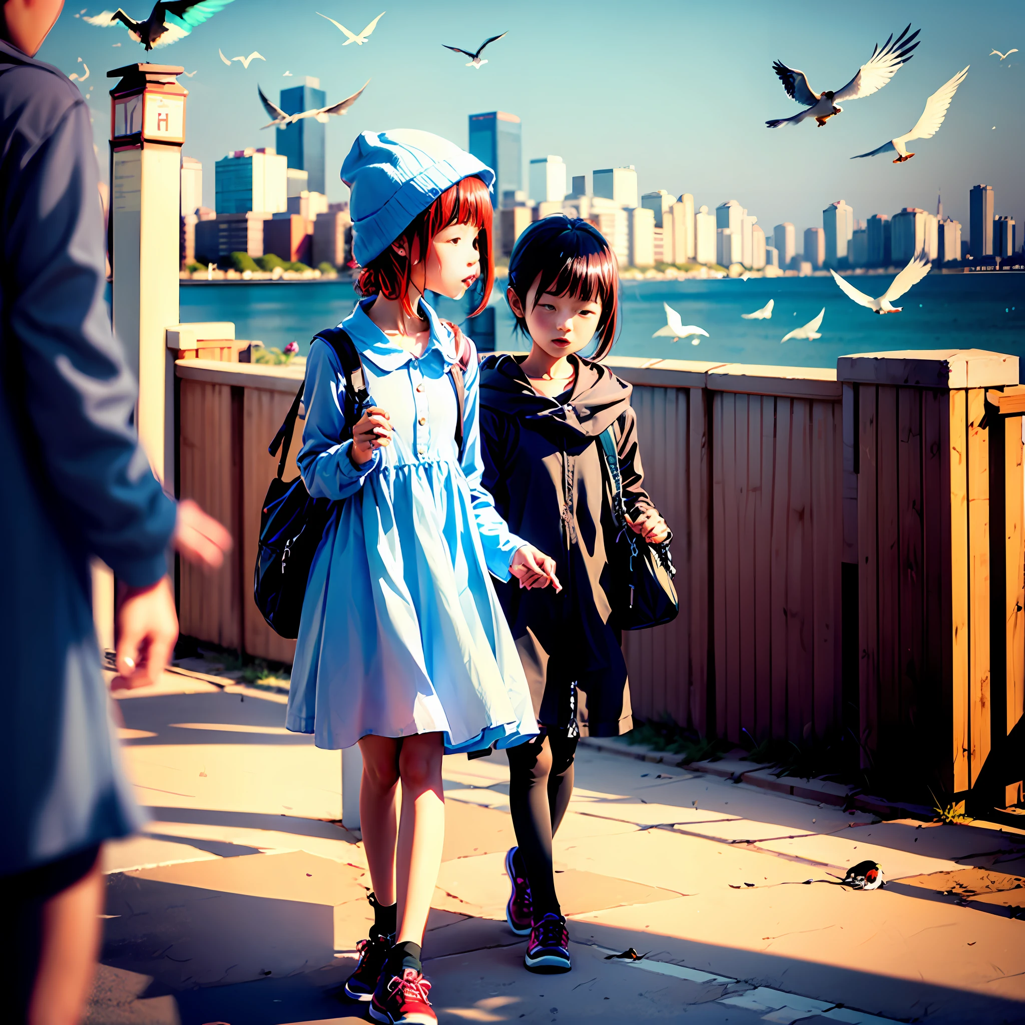 ,short hair girl,Weekend spring outing,City by the sea,seagulls