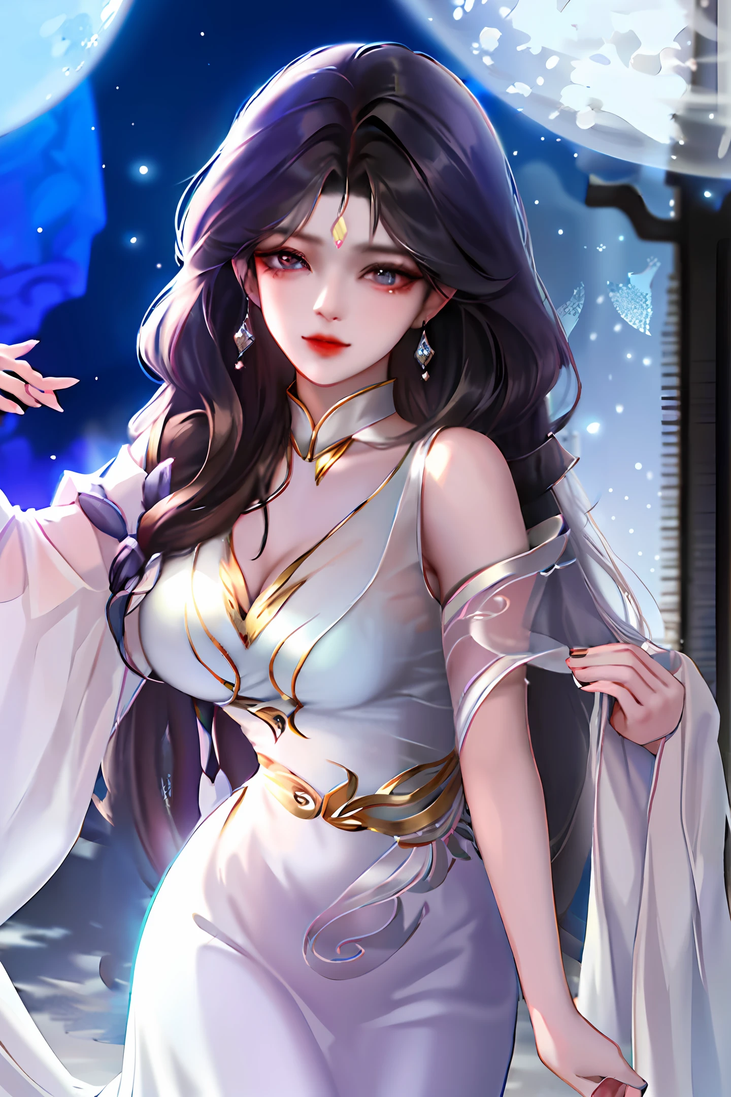 Art depicts a charming woman,exquisite facial features,Normal hands and feet,Dressed in a flowing manner、Silky open cheongsam,Decorated with intricate patterns and bright colors。Her cheongsam drapes elegantly over her curvy figure,She opened her thighs to me,Highlights her seductive silhouette。She stood gracefully in the quiet moonlit night,bathed in the soft glow of the moonlight。The scene exudes an ethereal and dreamy atmosphere,With a touch of mystery and sexiness。The image style incorporates watercolor and digital illustration techniques,It evokes a refined beauty and charm。The lights are filled with soft moonlight,casting soft highlights and shadows on her charming features。blacksilk,Full body photo