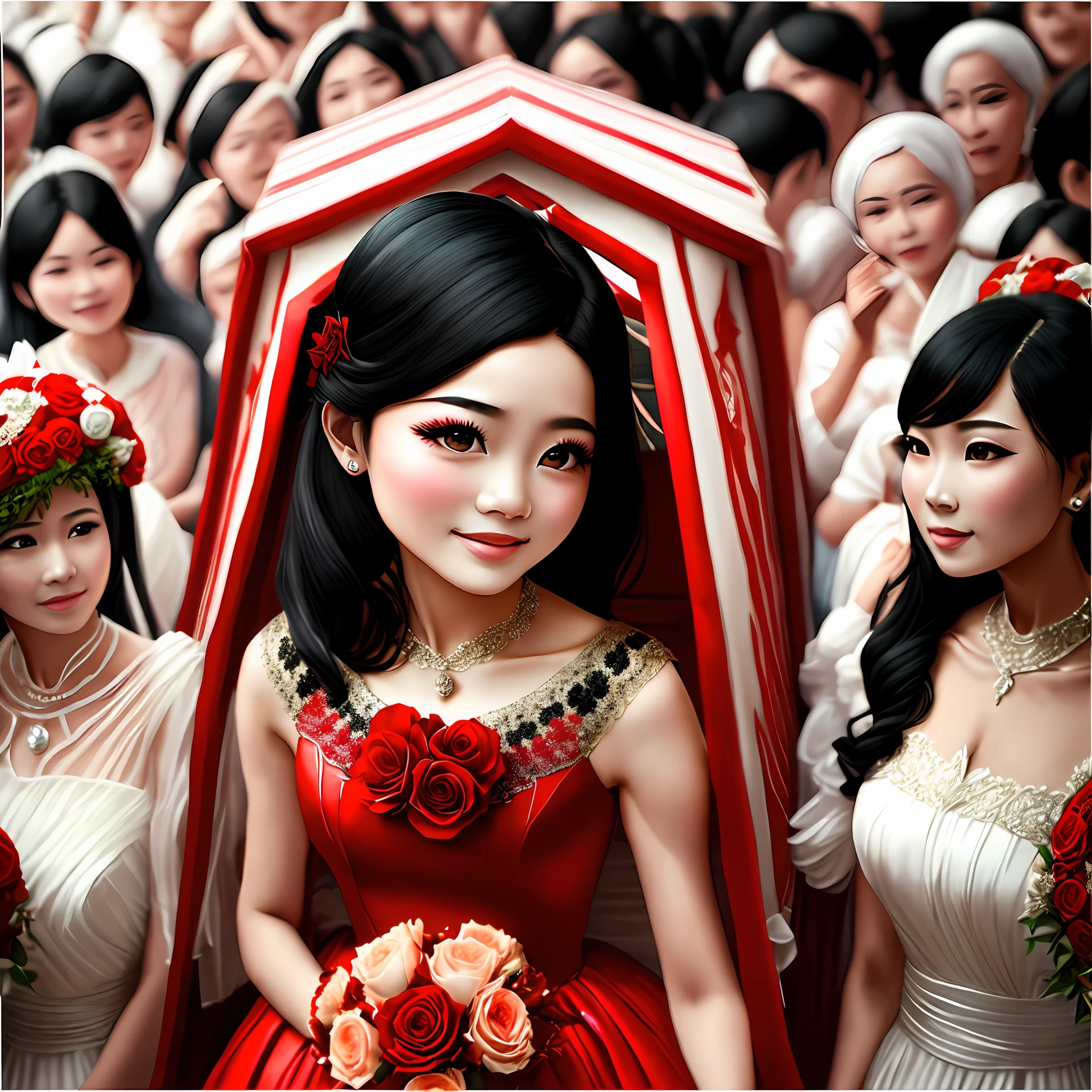 Beautiful girl with black hair wearing a red wedding dress,Gorgeous palanquin,crowd of,terroral, --auto