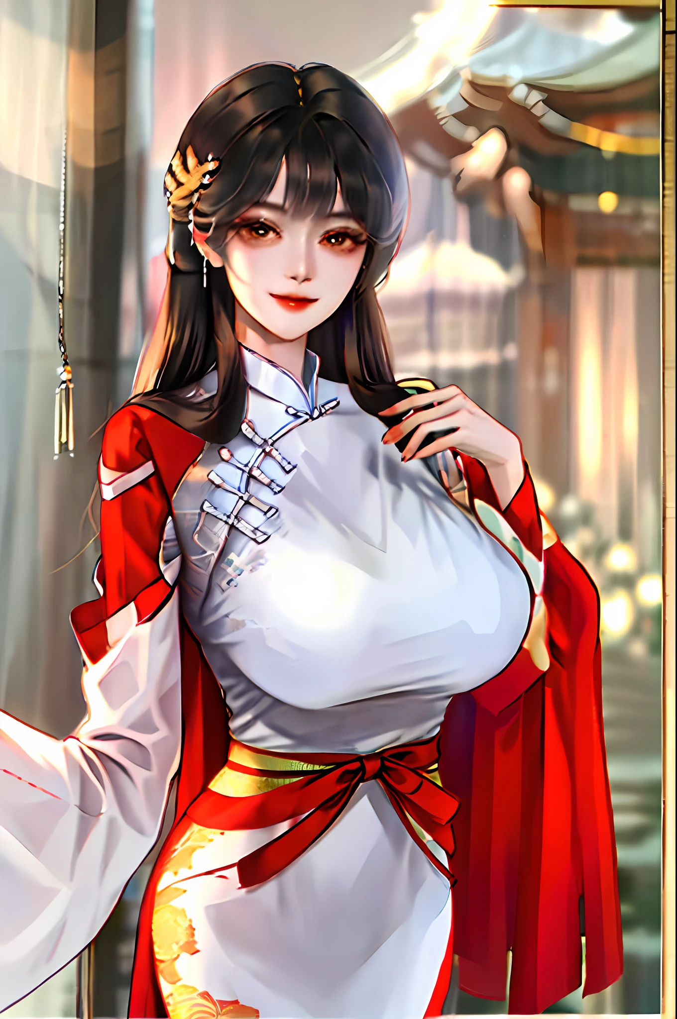 on cheongsam,huge tit,Long legs,Best quality, Master,long whitr hair,ssmile, Brown eyes,Traditional Chinese costumes,ChineseGirl,Complicated details,coquetry