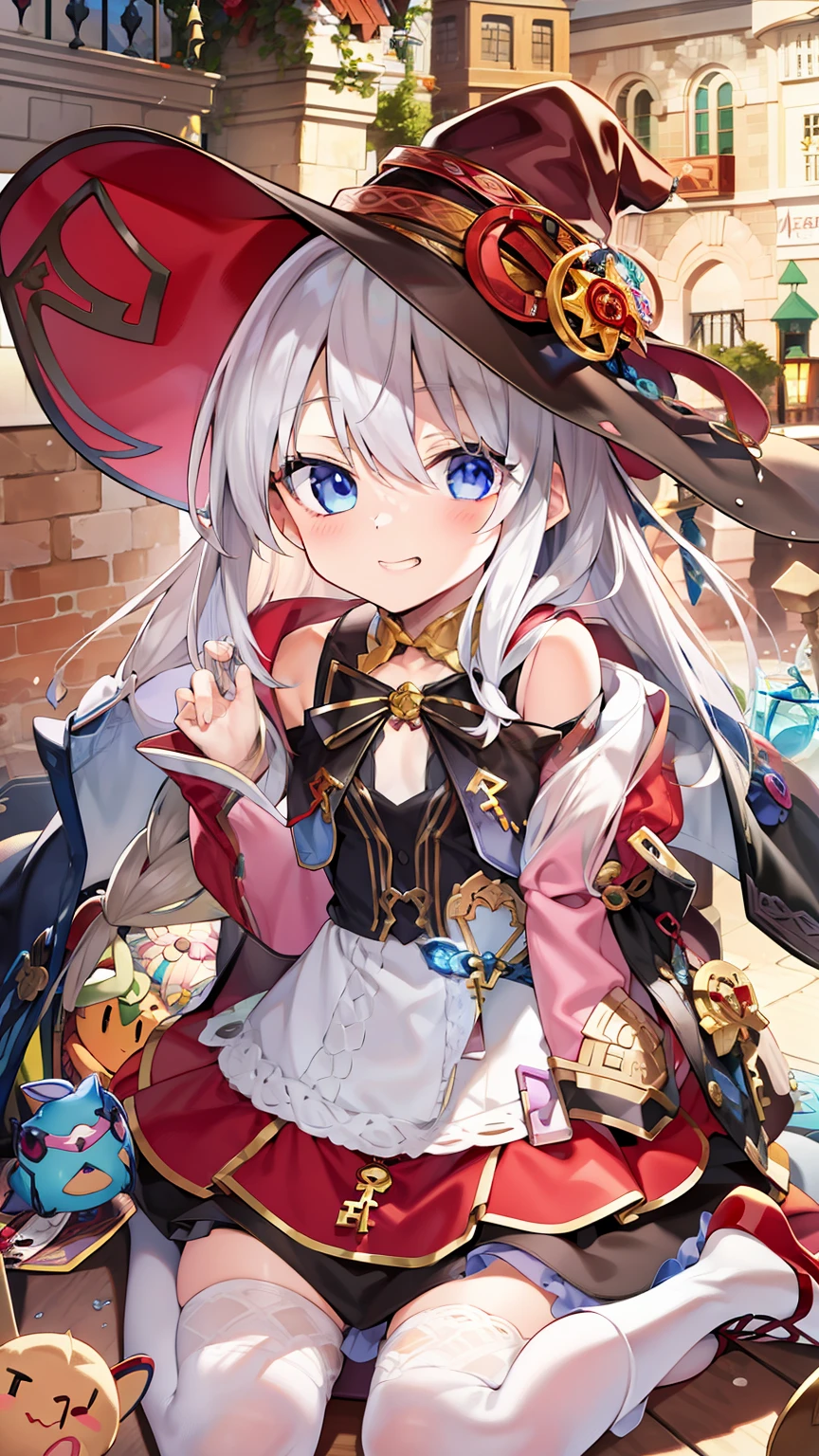 anime girl in a red hat and dress sitting on a table, Splash art anime Loli, Loli, alchemist girl, small curvaceous loli, Detailed key anime art, Kushatt Krenz Key Art Women, high detailed official artwork, crisp clear rpg portrait, Kawasi, small loli girl, Detailed digital anime art, loli in dress, zerochan art