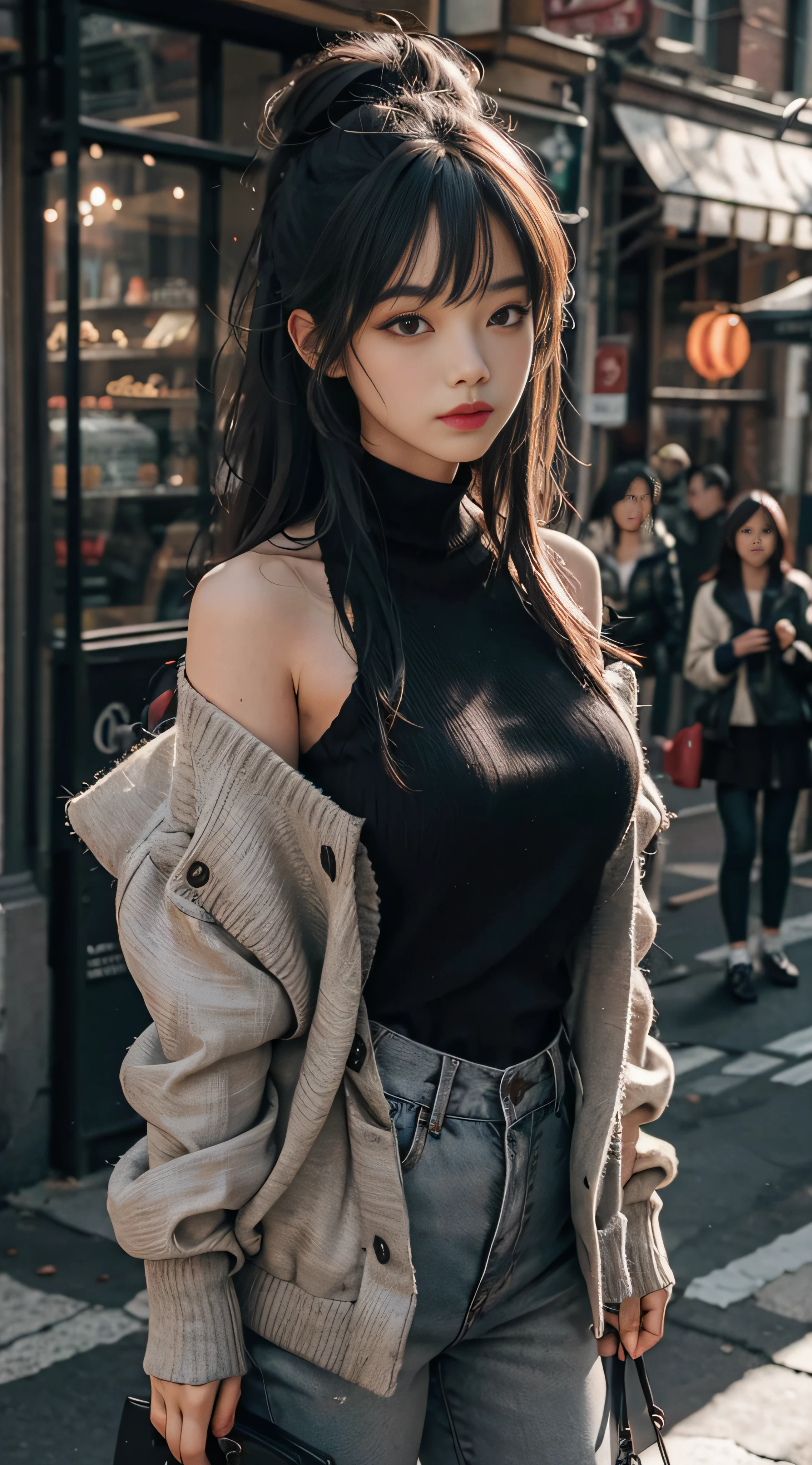 Gray sweater,Extra-long hair,Exposed shoulder,CE leather jacket,