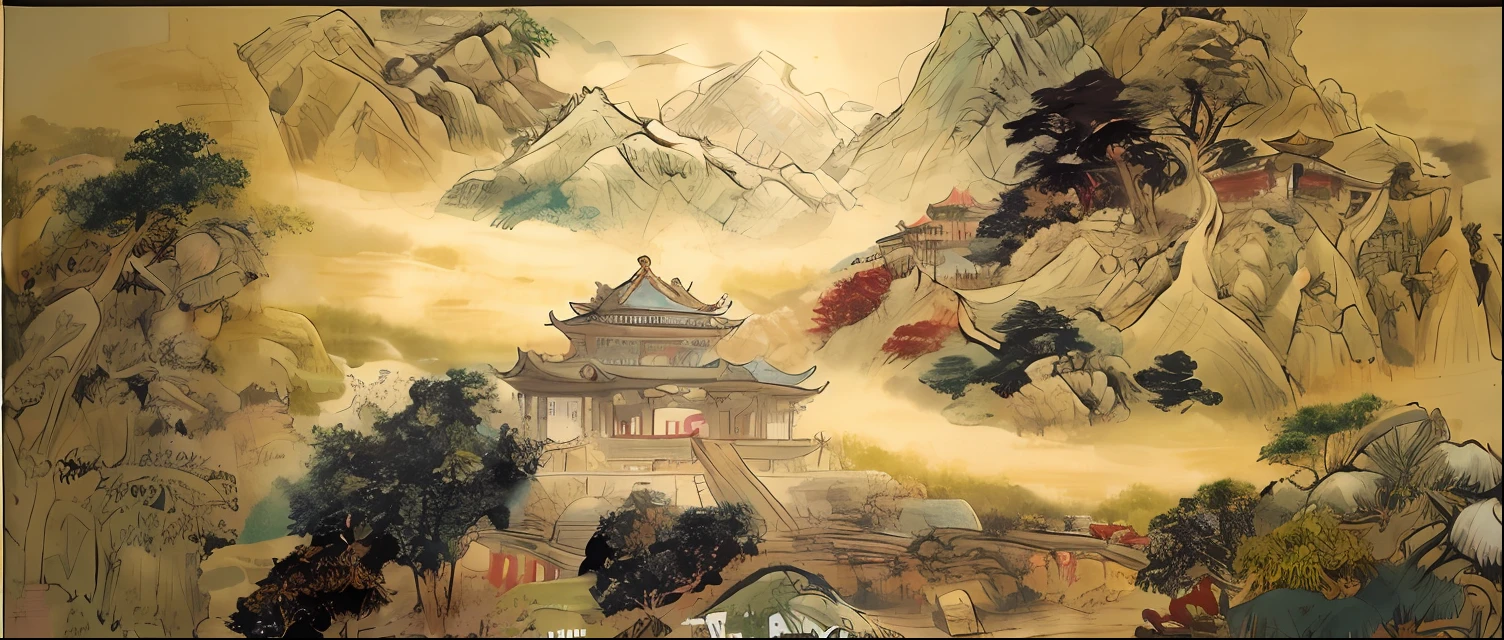 （hyper quality），8k smooth，high resolution，Mountain views of temples and mountains are painted，ancient china art style，kiyo，song dynasty，Inspired by Yang Buzhi，chinse landscape，traditional chinese art，Chinese style painting，Ming dynasty，Chinese art，Tang Dynasty Palace，Li Di，dreamland of chinese，Zhu Da，Beautiful rendering of the Tang Dynasty，tang dynasty