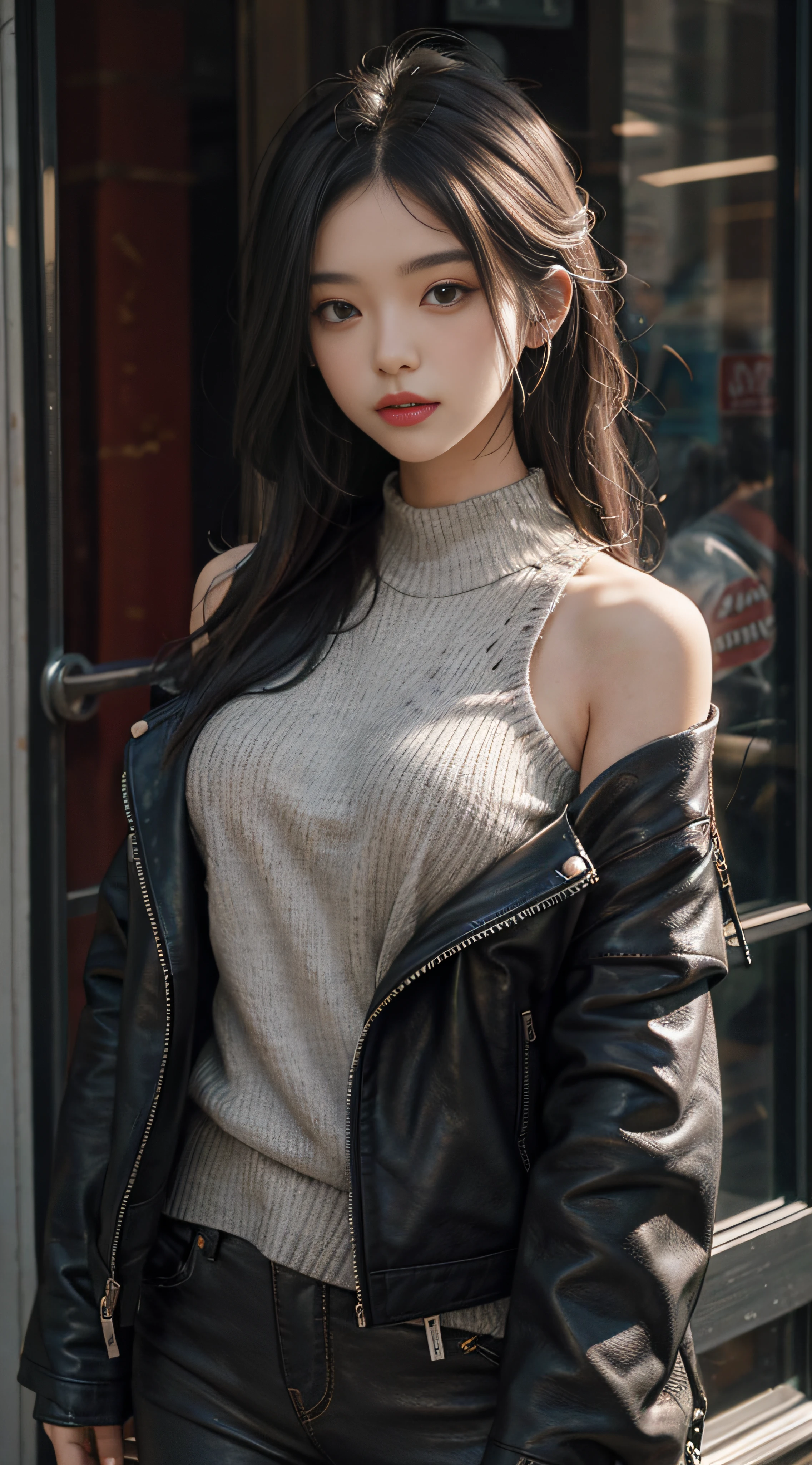 Gray sweater,Extra-long hair,Exposed shoulder,CE leather jacket,