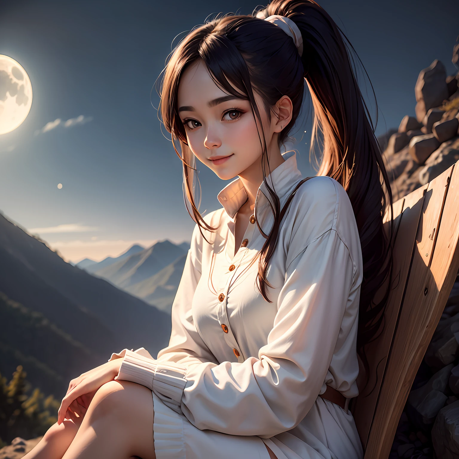 The 20-year-old goddess with a high ponytail stands straight There is only one person in the picture, soft and sweet expression, Smile, realistic dress, simple clothes: Korean style girls, moonlit glow, Big eyes, Long face with long sleeves sitting in the mountains