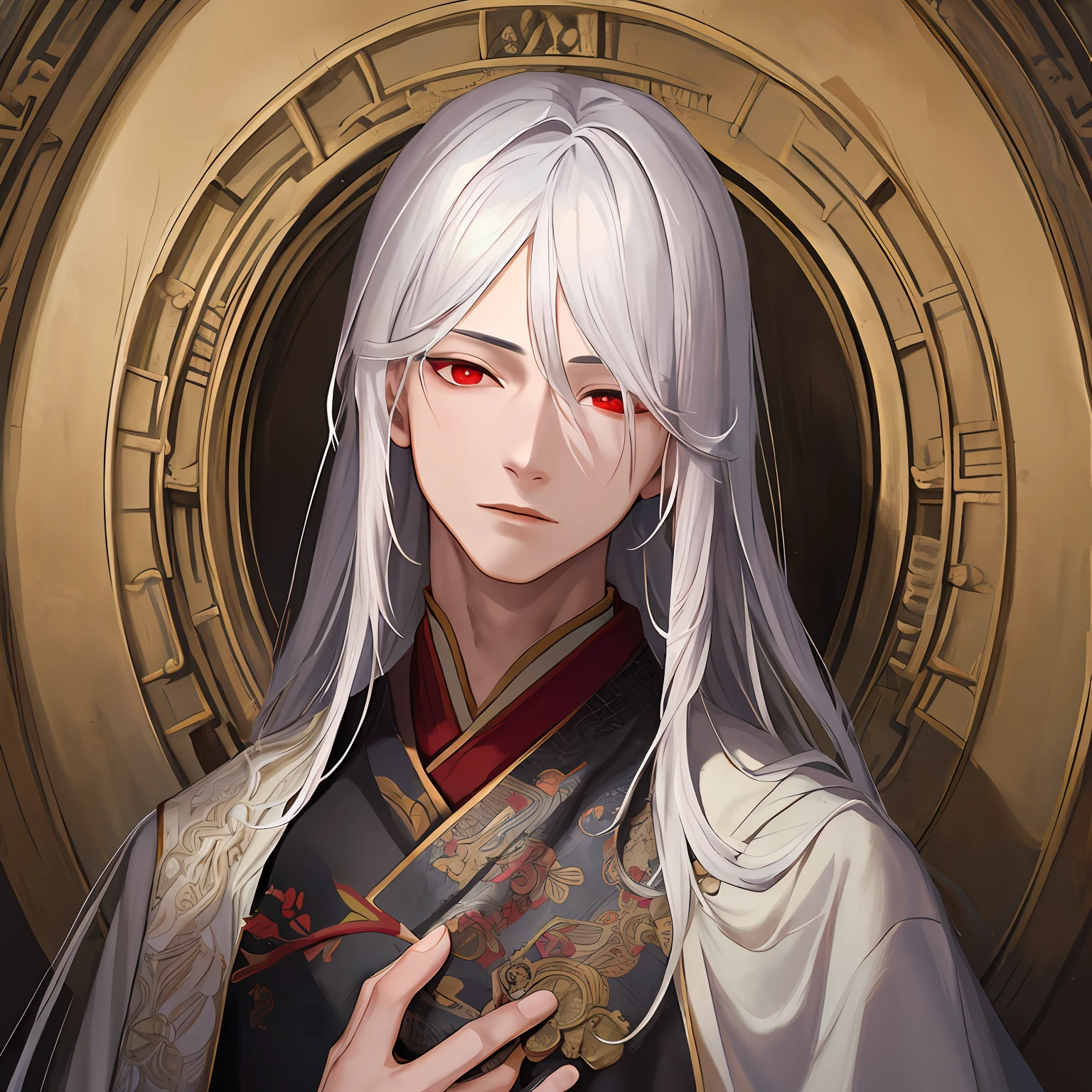 nsfw, masterpiece, best quality, ultra-detailed, semi-realistic, detailed facial features, 1boy, white hair, long hair, red eyes, wearing a detailed and intricate xianxia ancient clothes, looking at the viewer irritatedly