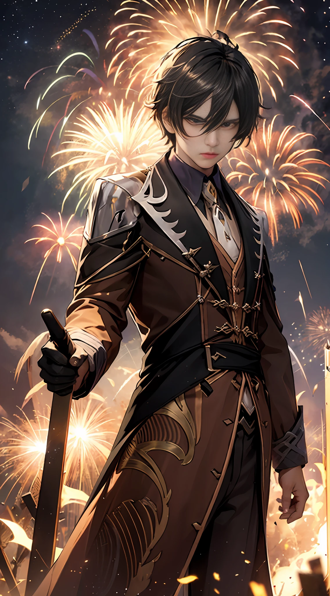 Best Picture Quality,Masterpiece-like,Bell leaves,Action-packed percussion,night sky background,Shining silver hair:1.3,Black fashion trench coat,Sharp eyes and domineering posture,Sparks erupt,Red lights flash alternately,Exudes an air of violence,Fireworks fall。