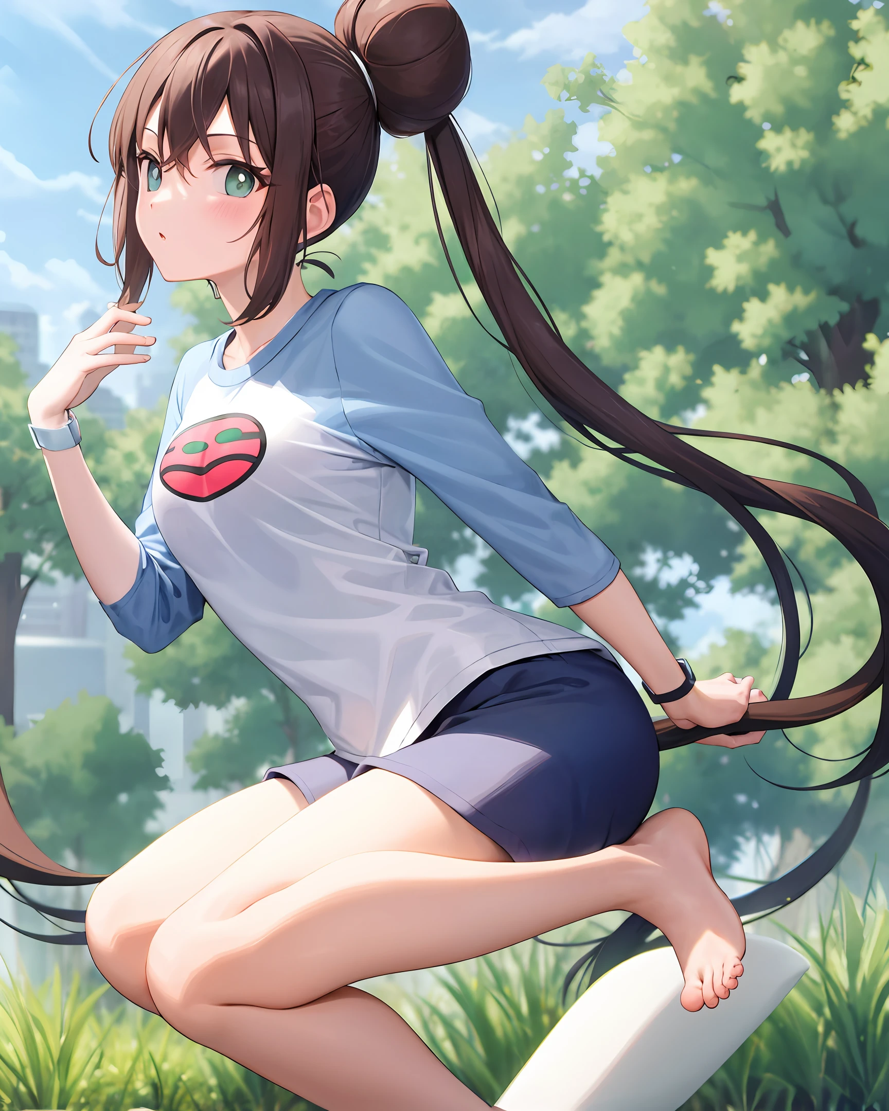 adolable,Double ponytail, white T-shirt, super shorts, white stockings, barefoot
