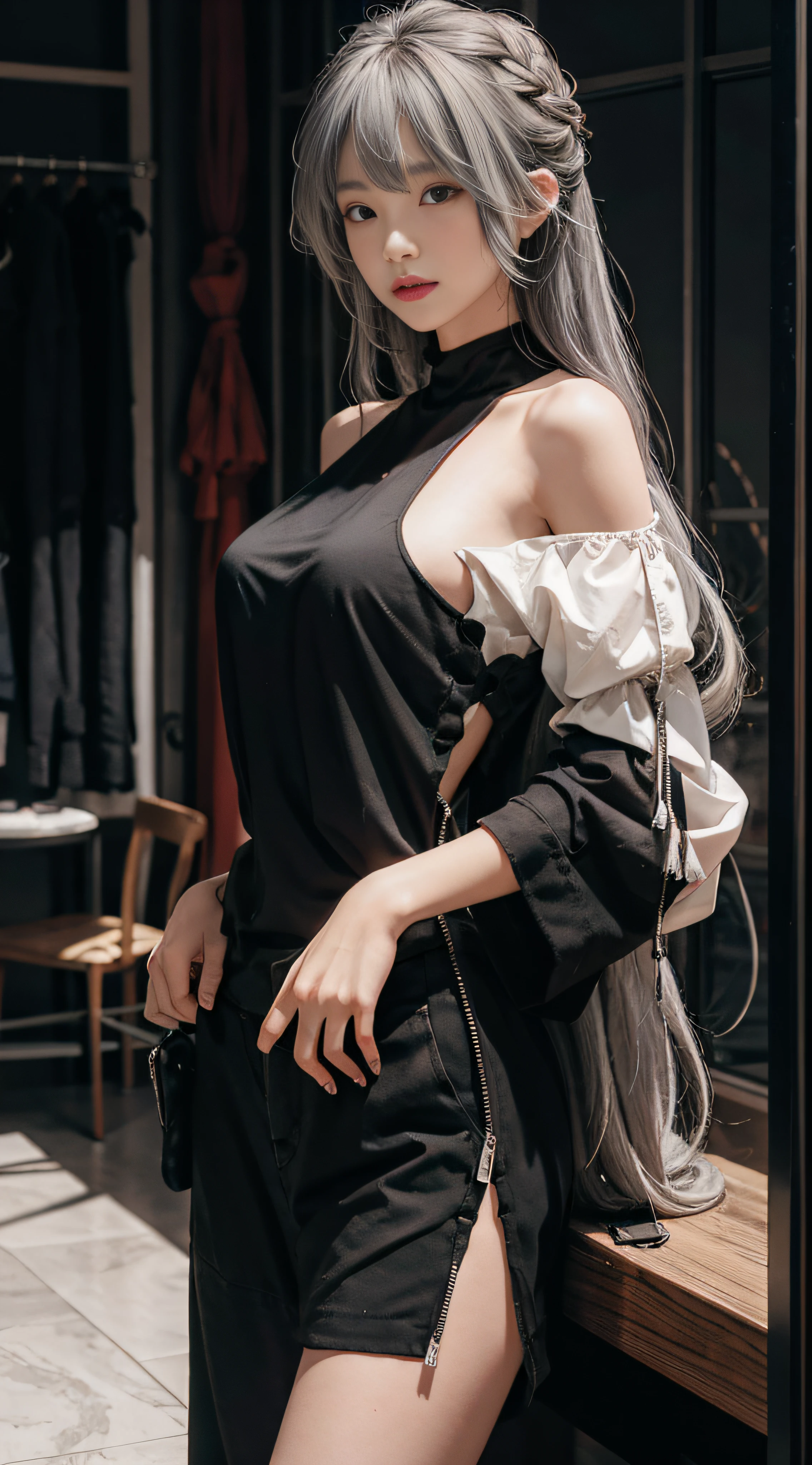 Gray hair,Extra-long hair,Exposed shoulder,