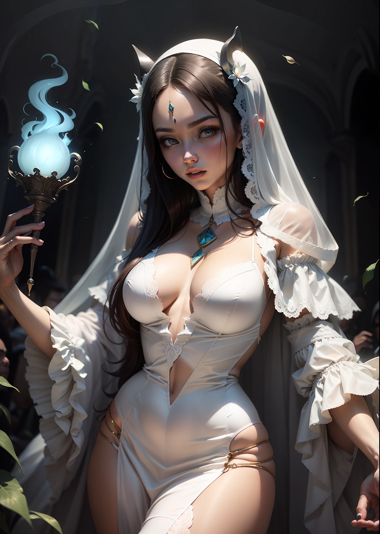 A beautiful woman dressed in white，There are evil spirits all around，