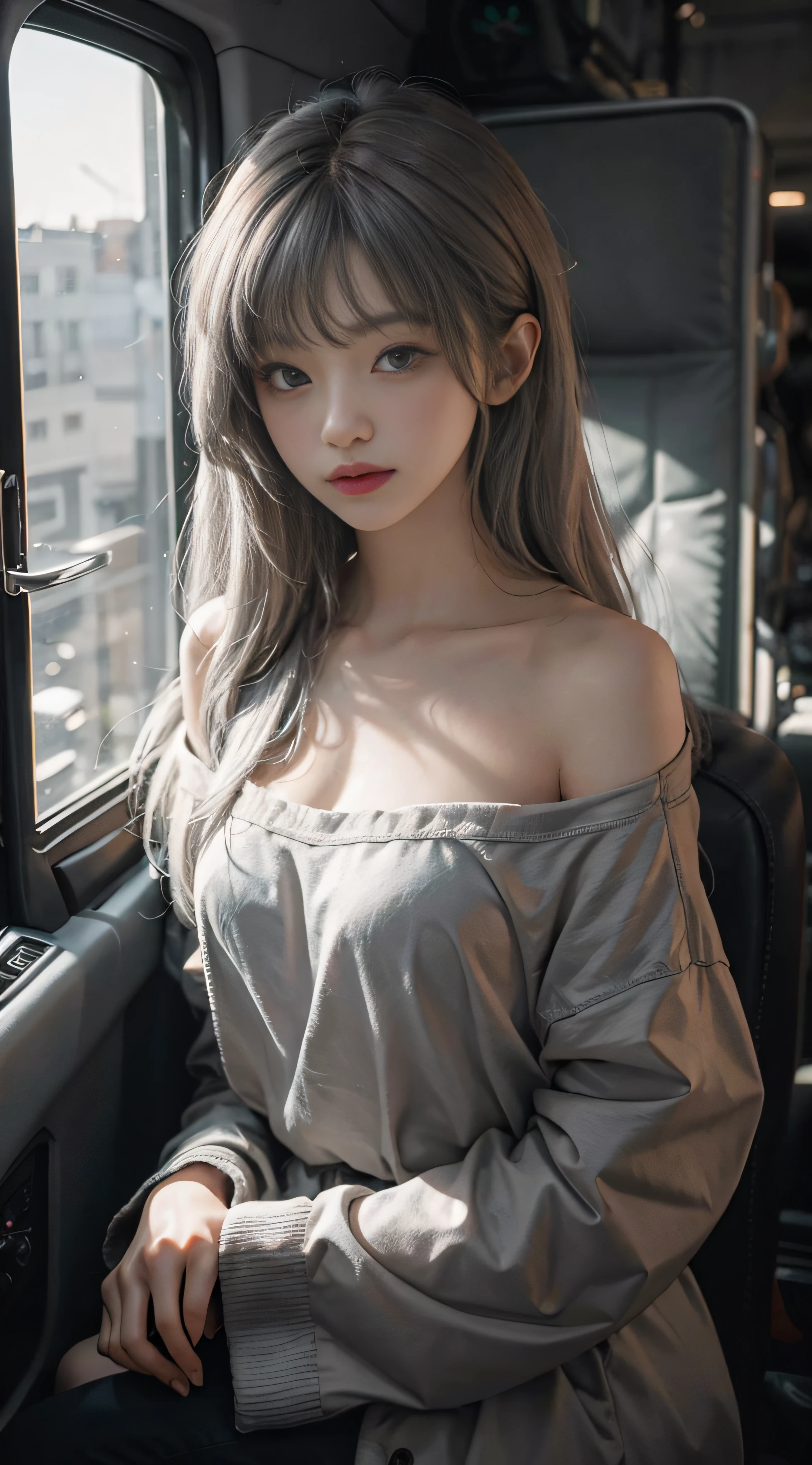 Gray hair,Extra-long hair,Exposed shoulder,