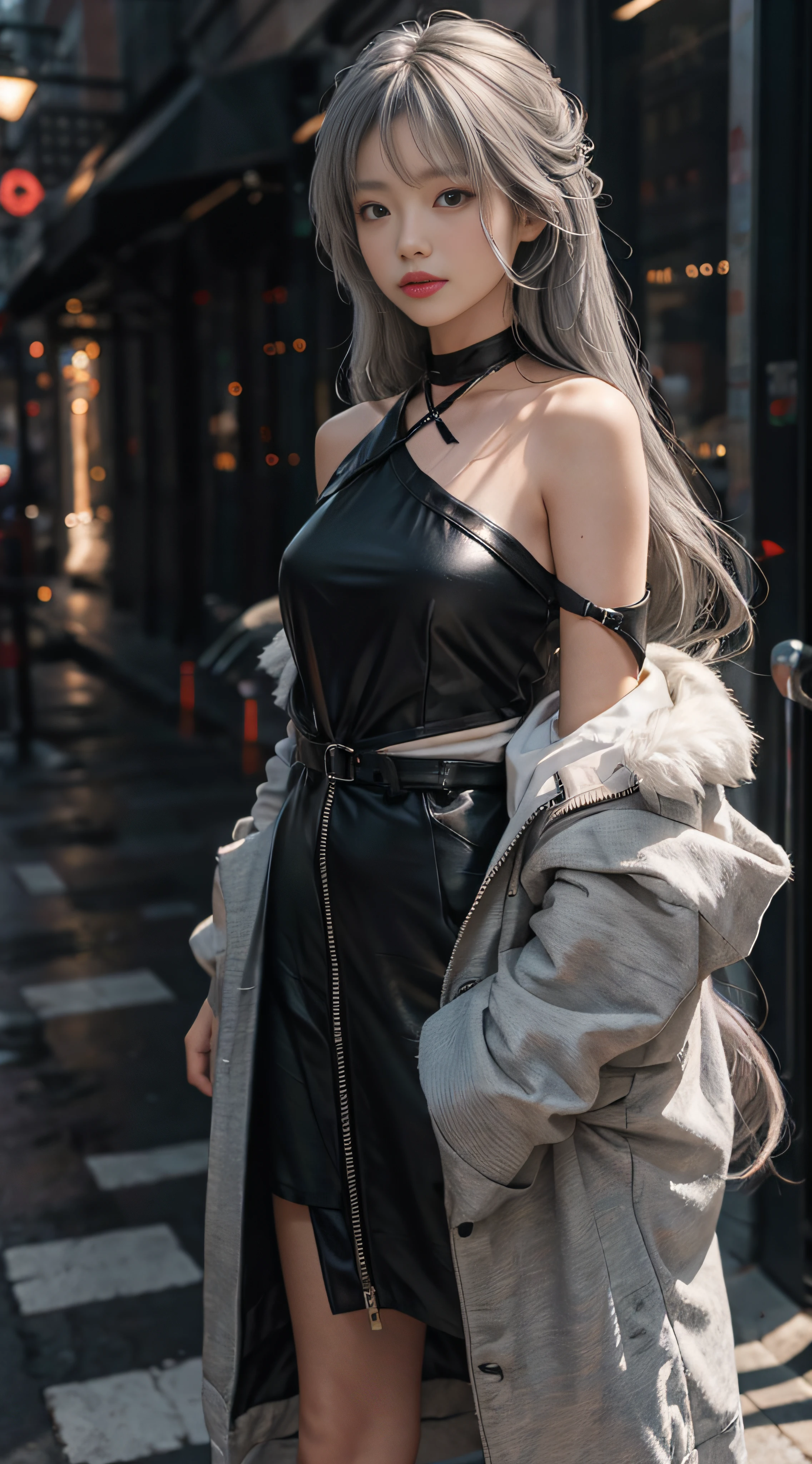 Gray hair，Extra-long hair，Exposed shoulder，
