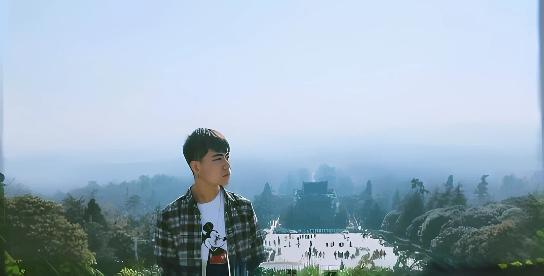 There was a man standing on the windowsill looking at the view of the city, instagram post, zmonzheng, Cai Xukun, Yan, jinyiwei, Inspired by Bian Shoumin, miko, instagram picture, steve zheng, bian luan, 🚿🗝📝, xintong chen, smooth in _ Background with, ansel ]