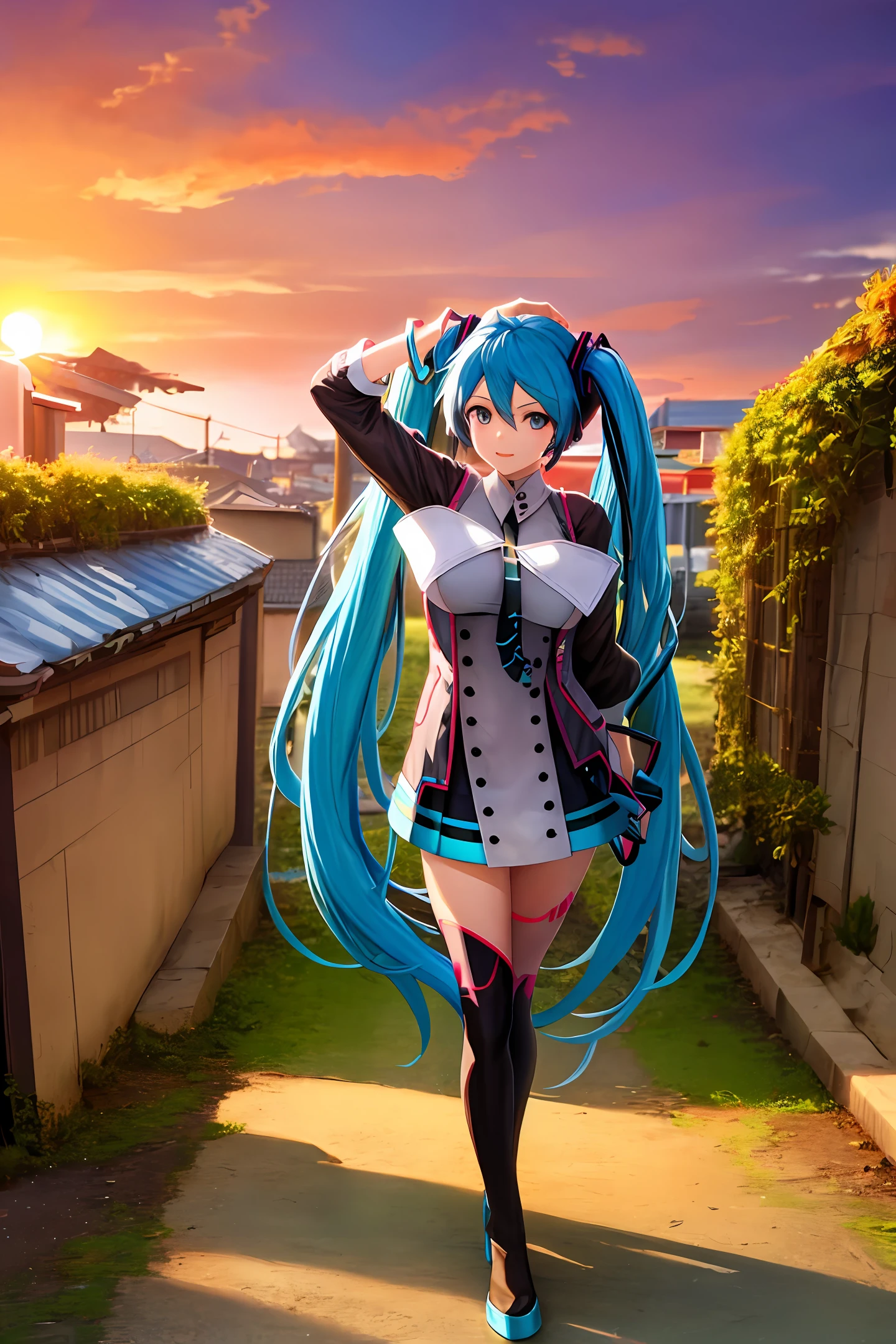 Big breasts Hatsune Miku,adolable,setting sun,tmasterpiece,oil painted,Colorful