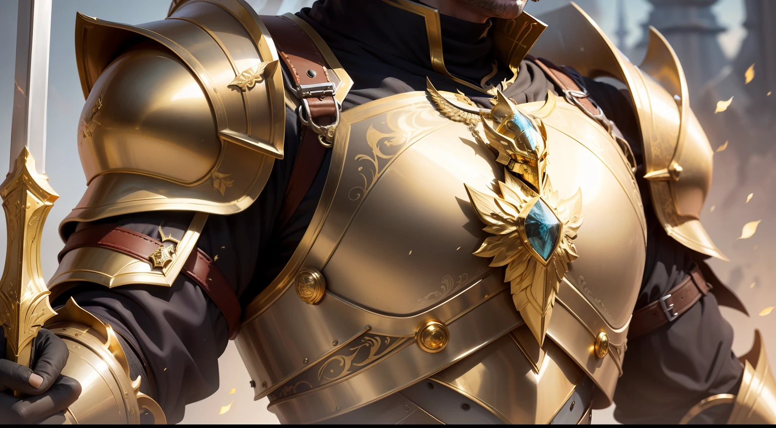 a close up of a man in armor with a golden sword, gold heavy armor. dramatic, stunning armor, golden armor, detailed fantasy armor, black and golden armor, beautiful armor, gold armor, fantasy armor, intricate golden armor, golden armour, fantasy warrior in full armor, sleek gold armor, very stylish fantasy armor, black and gold armor, light gold armor