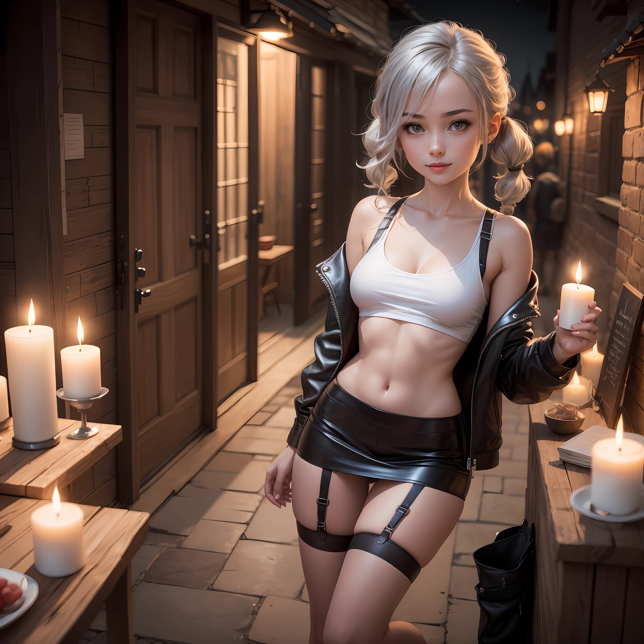 Ultrarealistic, photo, photorealistic, High quality, realistic style, full body, high definition, high quality, realistic, shaded, photorealism, Ray tracing, 8k, uhd, masterpiece, 1 short beautiful young girl, small breasts, small body, silver hair with pigtails, leather jacket open with a loose tank top, a tiny skirt with the button open, a garter belt, happy face bitting her own lips, in front of a medieval taverm, night time, candle light, nsfw
