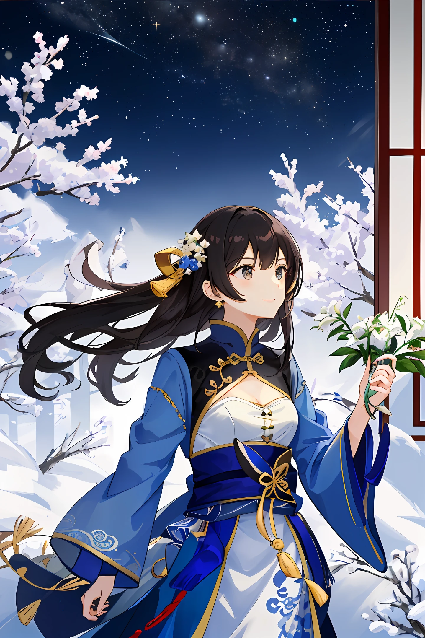 A beautiful woman with a Chinese style stood by the window and looked up at the starry sky slightly,ssmile