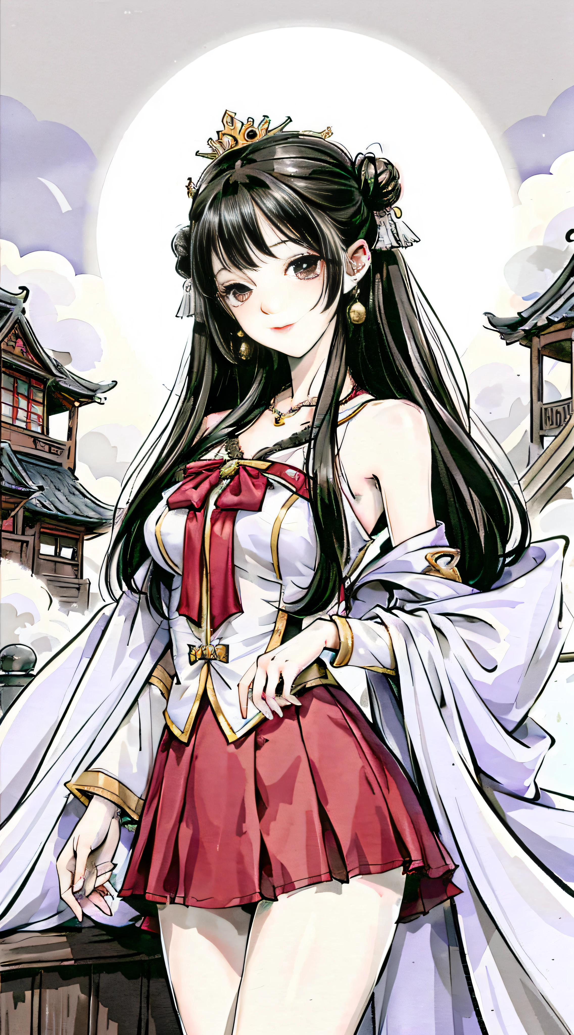 (masterpiece), best quality, good anatomy, shuimobysim, (1 girl: 1), (upper body), (smile), short hair, (hanfu), long coat, (ecchi0.5), (bridge: 1.2), (flowers: 0.6), moon, lantern in ancient China, delicate face, see-through, pink clothes, full body, close-up, back hand, Taoist robe, thigh, High Raised, Cloudy, Chinadre, Overexposed, [Wet Suit], Mid-breasted, Solo, [Doll], Bare Thighs, credibly_absurdres, Strong Angles, Pleated Skirt, Chinese-Style Architecture, Single Bun, White Hair, Red Eyes, Squinted Eyes, Indifferent Attitude, Eye Shadow, Eyeliner, Eyes Visible Through Hair, No Shoes, Ribbon Sleeves, Earrings, Necklace, Headdress, Mid-Chest, Sunlight, Reflected Light, Ray Tracing, Loli, Phoenix Crown Vermilion Robe, Blush