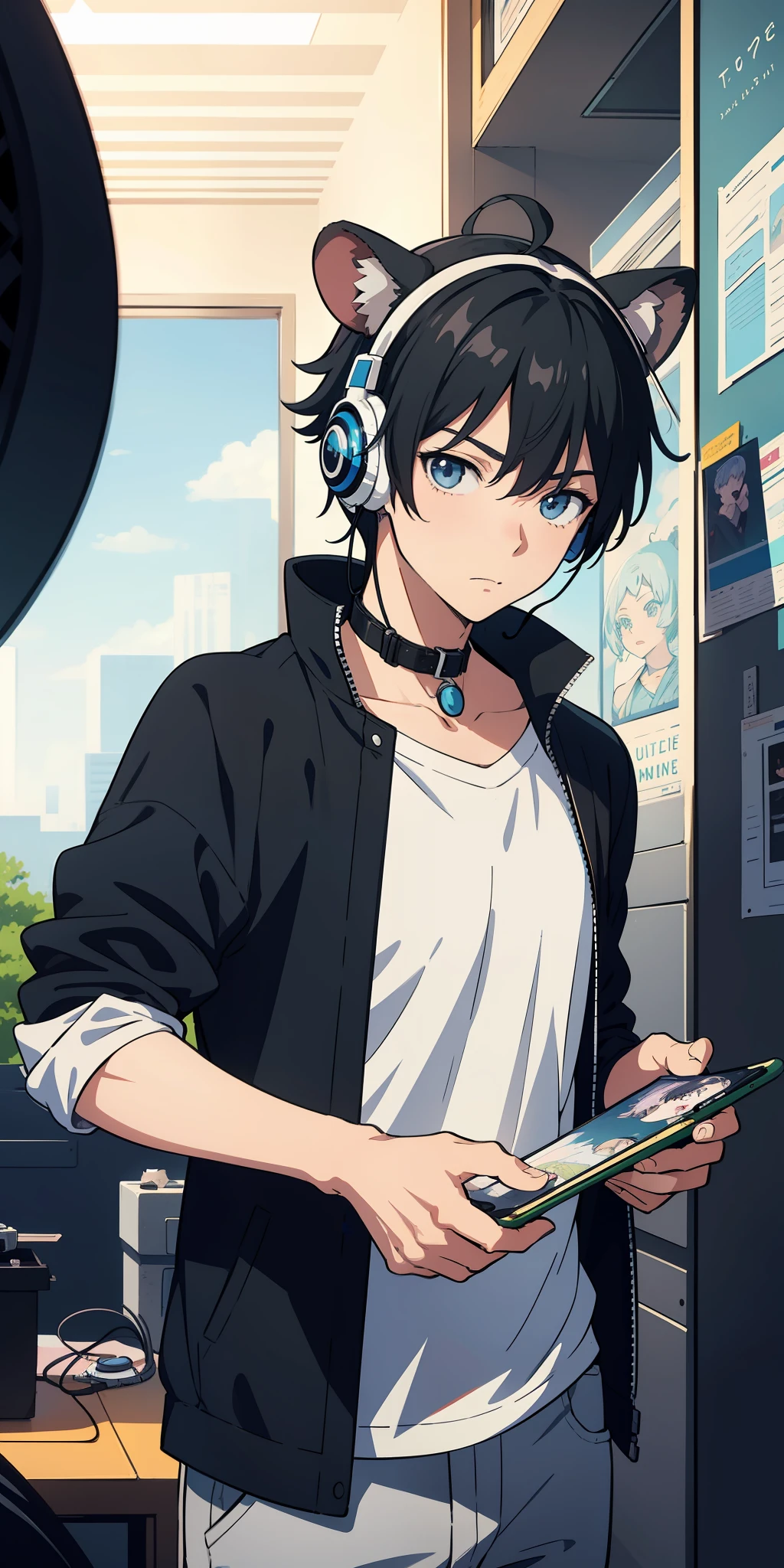 tmasterpiece, best qualtiy, NSFW, 1boy, (best qualityer:0.8), (best qualityer:0.8), Perfect anime illustration,Anime boy in white shirt, black cloaths,Landline headsets,Gray hair,Black color hair,Collar,Hair gradient,Anime boys,with headphones on, Anime moe art style, anime ears, Anime boy with hamster ears, ig studios anime style, High quality anime art style, in an anime style,