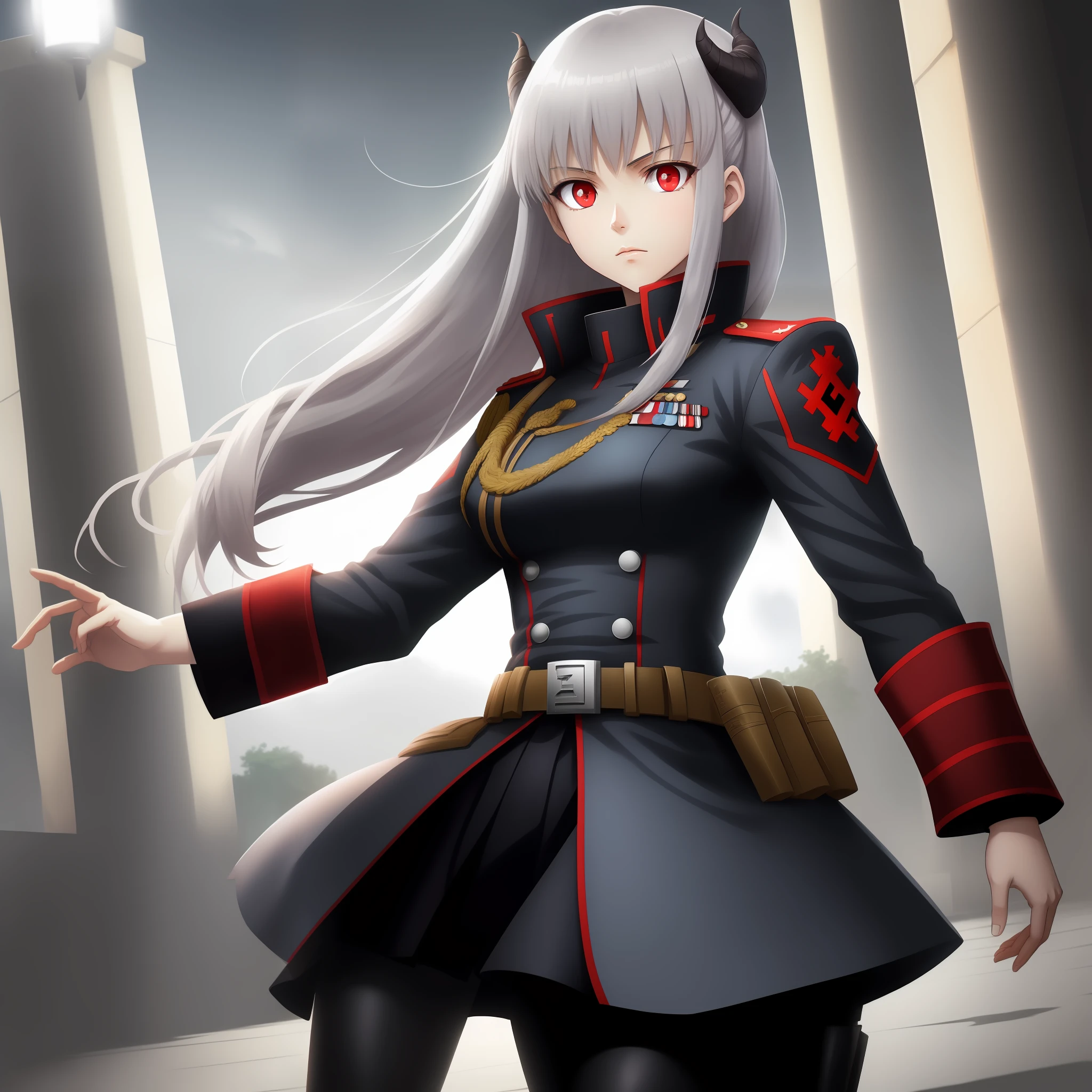 German-style military uniform,world war 2，army suit，Deutsche，Nazi，German Third Reich，Commander，Generals，thedemongirl，luminous red eyes，Demon anime，anime style like fate/stay night，Anime shoujo protagonist，solo person，whaite hair，hair straight，Long, waist-length hair，8k，tmasterpiece