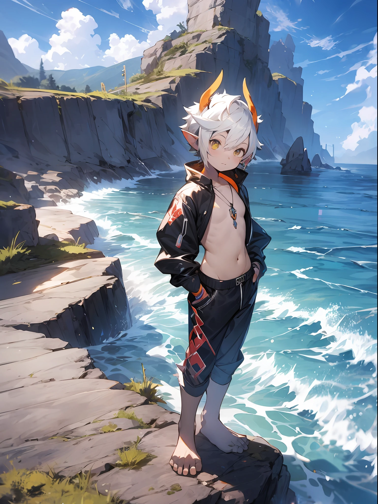 anime - style image of a young boy standing on a rock in front of the ocean, concept art by Shitao, Pisif, Furry art，trending on artstation pixiv, Guviz-style artwork, lalafell, Guviz, Guweiz on ArtStation Pixiv, young male anthro dragon，White scales，White hair，（slightly fat big breasts）shorter pants，Topless