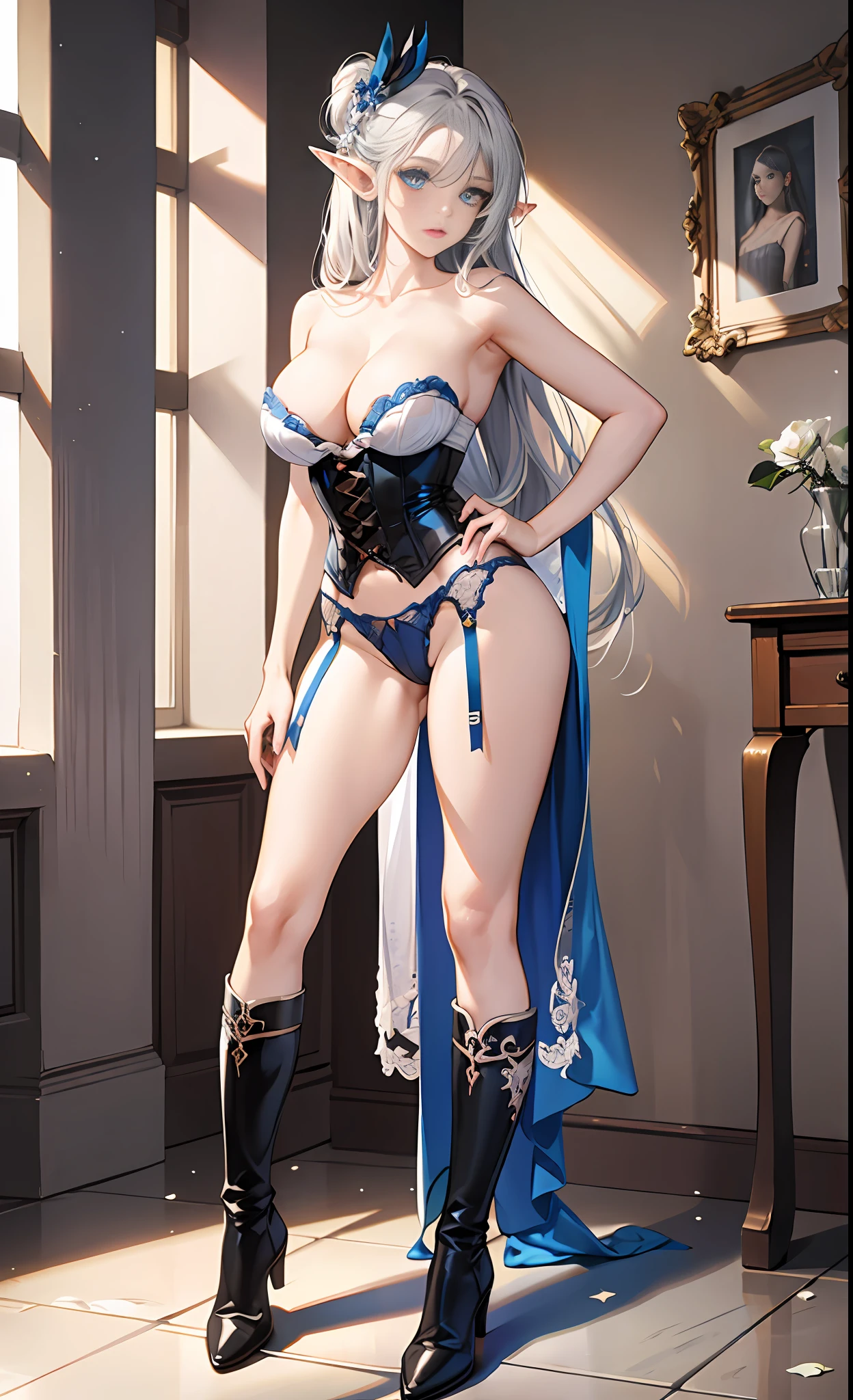 [white color:Blue:0.65] theme，tmasterpiece，to stand，A masterpiece of a mature woman，Detailed visual art，（Detailed eyes：1.3），Blue eyes，Long silver hair，eyeshadows，Elf ears，fcollarbone，Royal Queen，elegantly，White corset underwear，naked shoulders, Big tits:1.3, opening crotch, Thigh seams, groin, Long boots，[NSFW|Uncensored], (background simple:1.1) , Low wing,The whole body