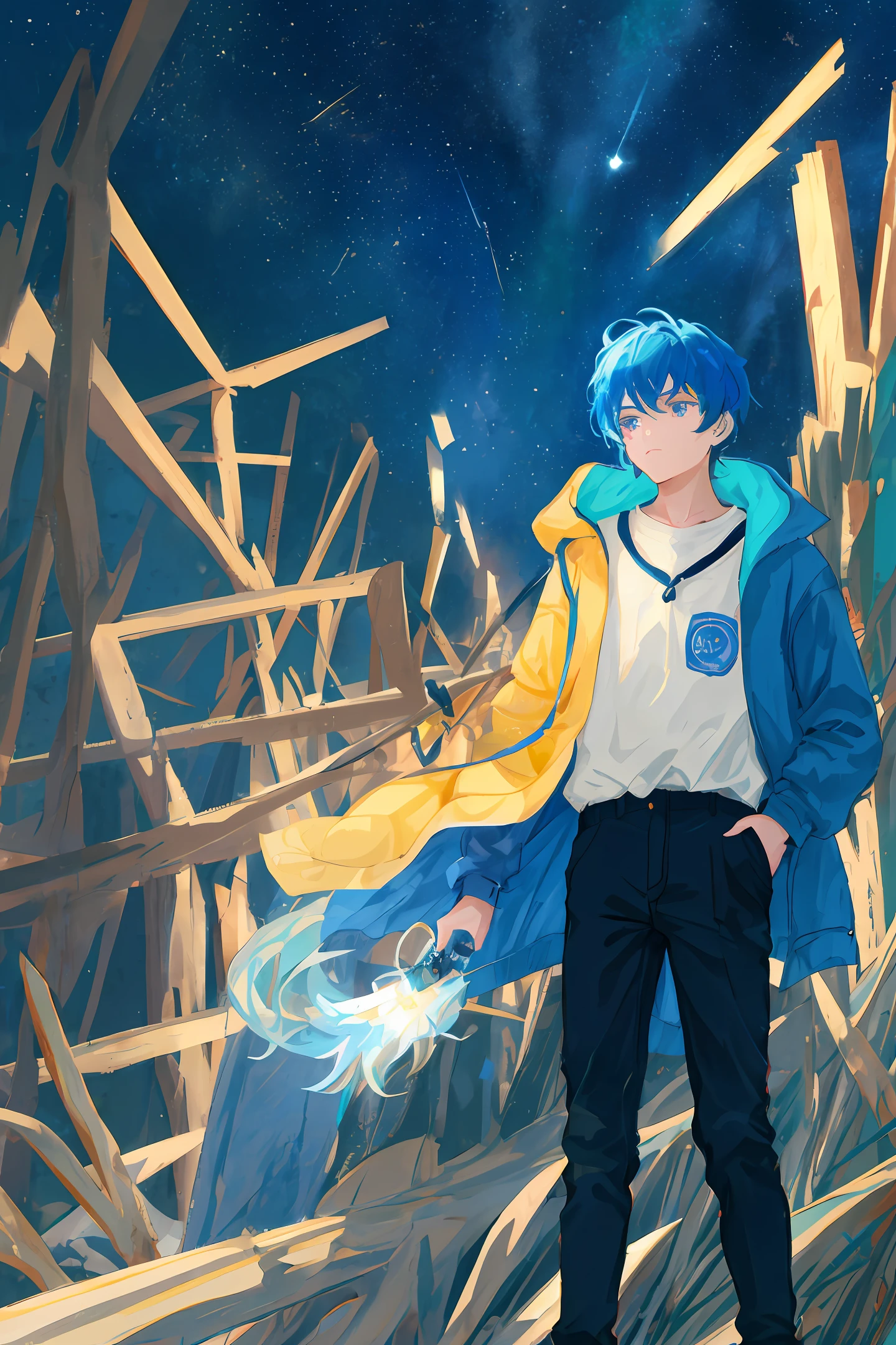 The movie poster features a high school male as the central character。He stands confident in the center of the poster,Dress in fashionable blue with a crystal avant-garde outfit,with a determined expression on her face。The background is dark and gritty,There is a feeling of closeness。The text has:Crystal,The whole is bold and eye-catching,With catchy slogans,Adds to the overall drama and excitement。The color palette is dominated by dark colors,Dotted with bright colors,Make the poster dynamic and visually striking。rich colourful,dyna,Background with,element in,crystal,self-assured,Expressing the,halter,statement,attachment,A majestic,coil,Runt,Touching pubic area,Scenes,text,Cover of a,boldness,attention-grabbing,titles,Fashionab,typeface,Catchy,titles,more big,smart、moderno、Trendy、focus-on、Fashionab