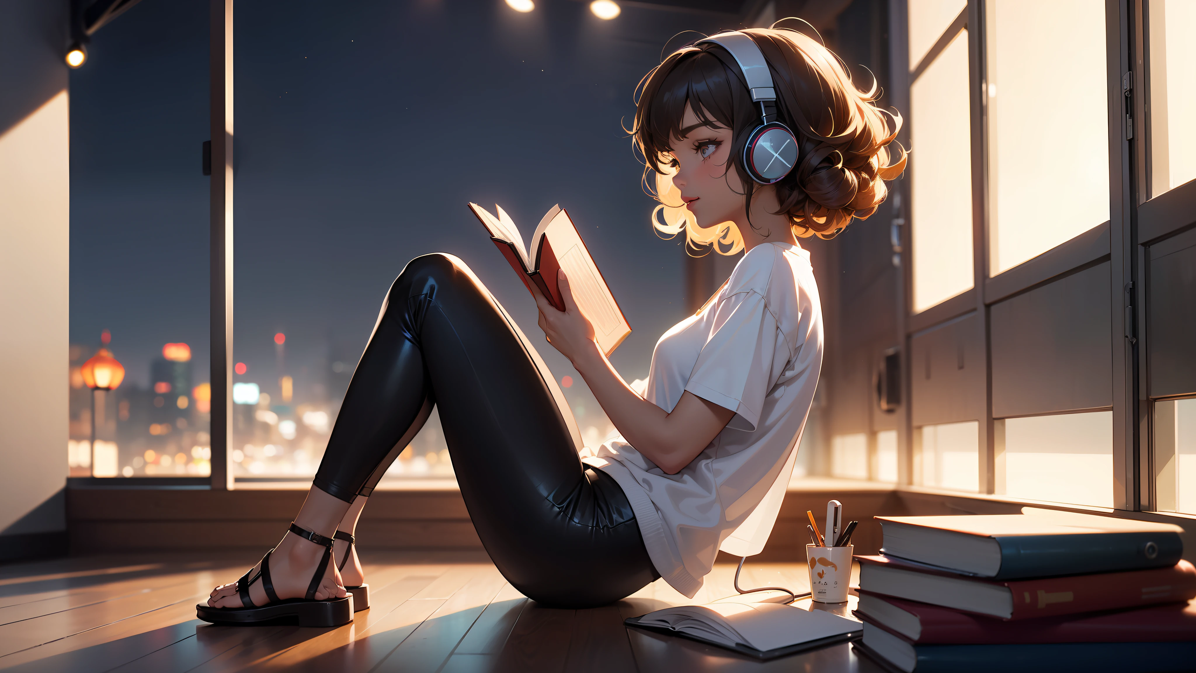masterpiece, best quality: 1.5), ultra-detailed, soft light, night light, cinematic light, film grain, (depth of field), (1girl, ground, background: 1.5), (((full body)) ), (Happy: 1.1),((dark skin tone:1.0)), ((brazilian girl)), (student), silhouette, perfect female shape, (perfect face, detailed face, glossy lips, eyeliner), ( ((curly hair))) , (leggings, sandals), ( mixtape: 1.4 ), (headphones), (sitting on the floor), (in profile), (reading a book)