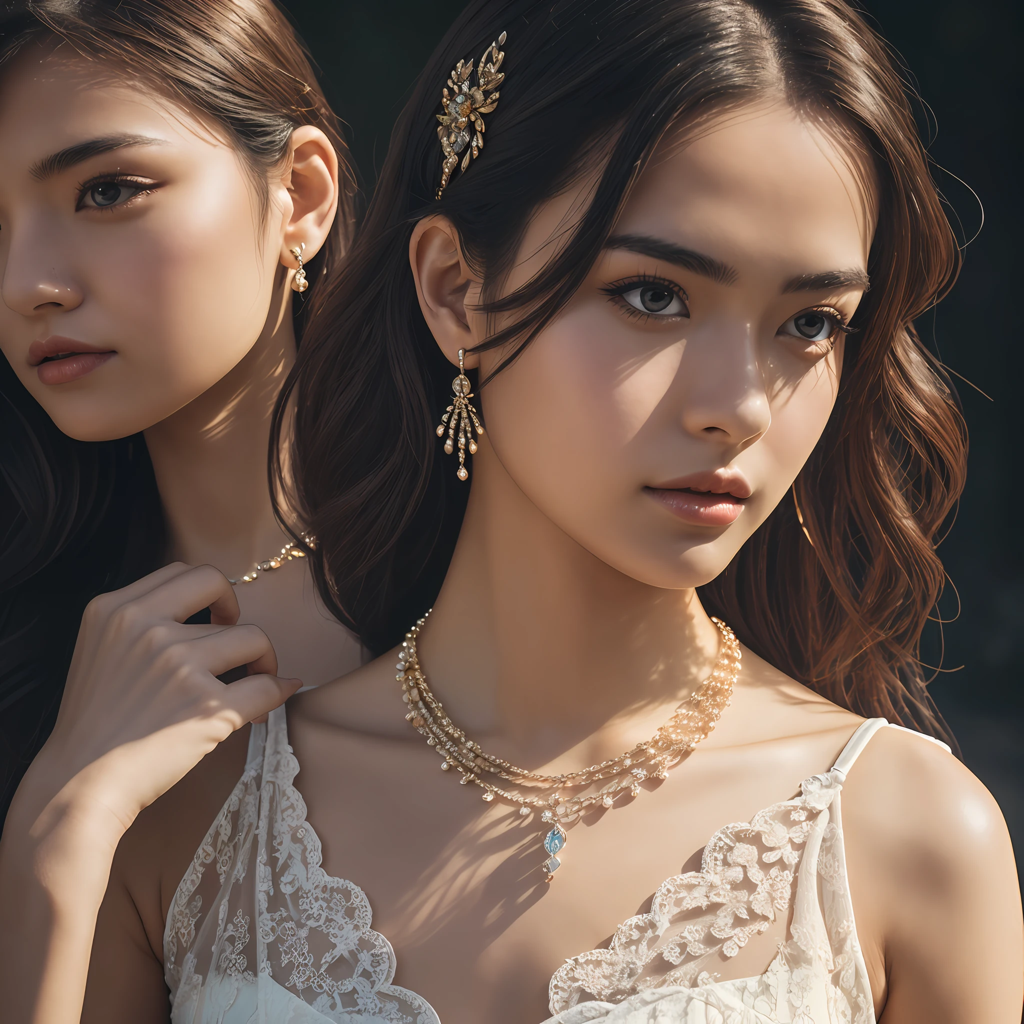 Best quality, masterpiece, high resolution, 1girl, porcelain dress, hair accessories, necklace, jewelry, beautiful face, on the body, Tyndall effect, realistic, dark studio, edge lighting, two-tone lighting, (high detail skin: 1.2), 8k UHD, dslr, soft light, high quality, volumetric light, candid, photo, high resolution, 4k, 8k, background blur, --auto