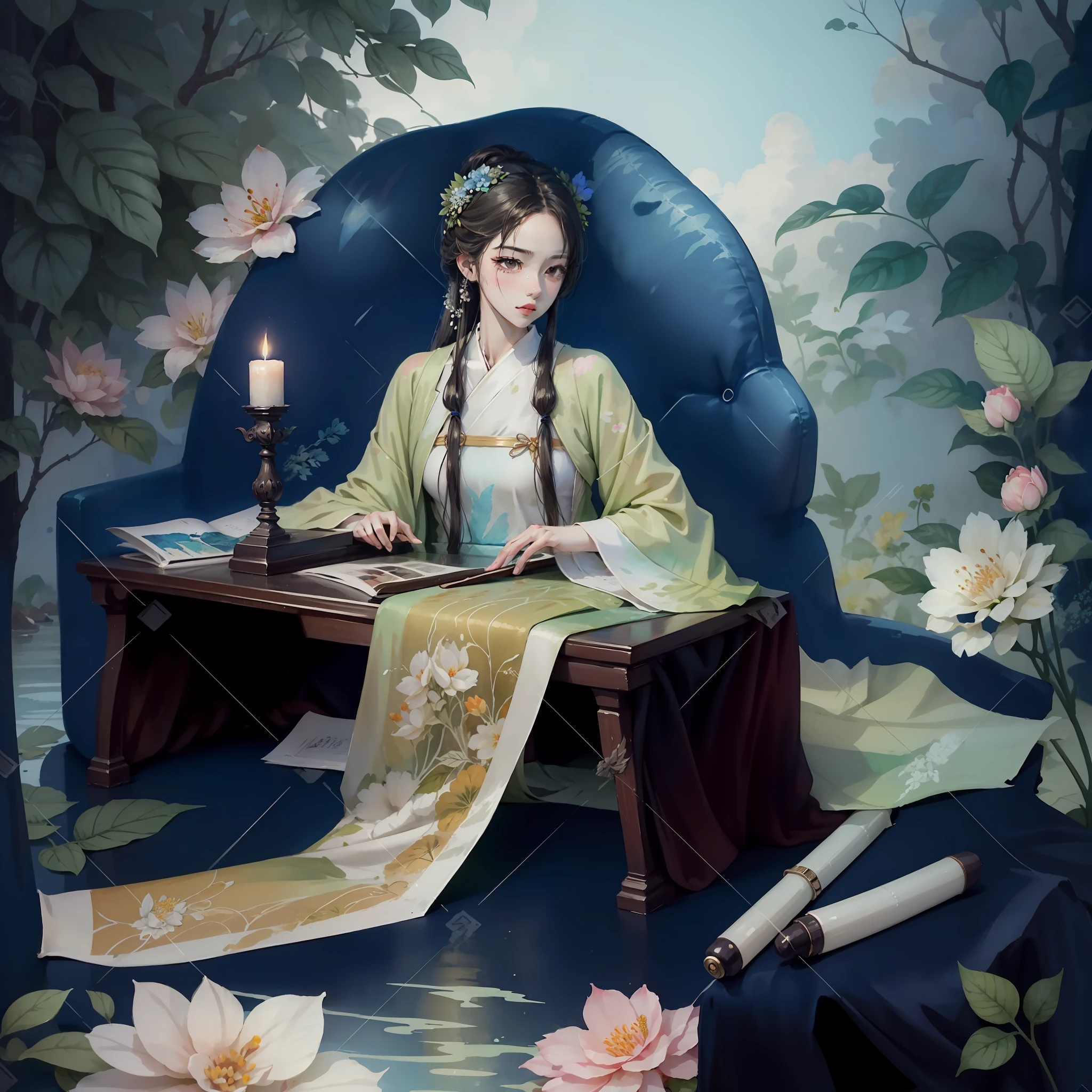 aquarelle，high high quality，in style of hayao miyazaki，Greenery with flowers