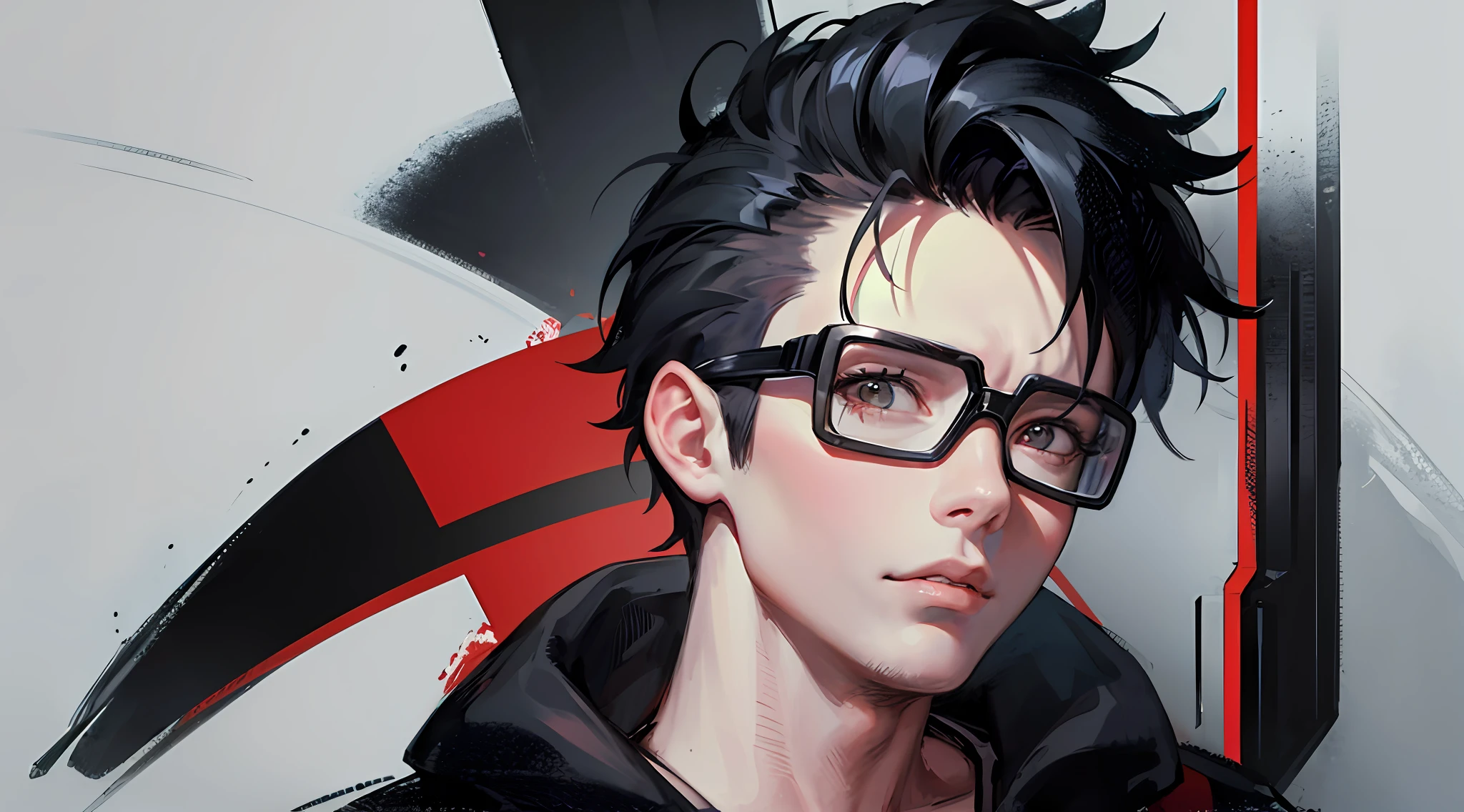 anime,Front view, portrait of Renato, male character, white skin, square face, lean body, short black hair shaved on the sides, wearing a red t -shirt, goggles on the face --auto --s2