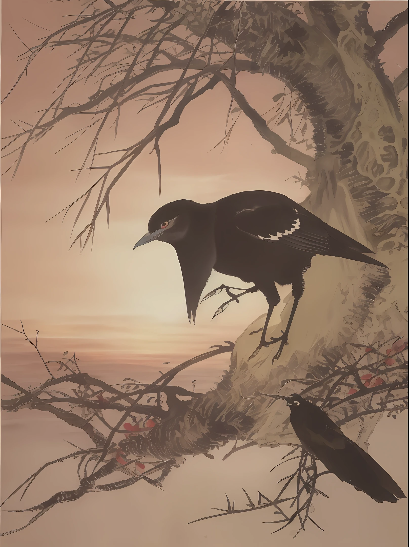 A Chinese painting,A withered old tree was covered with vines,All the way the crow landed on the branch。the setting sun,desolated