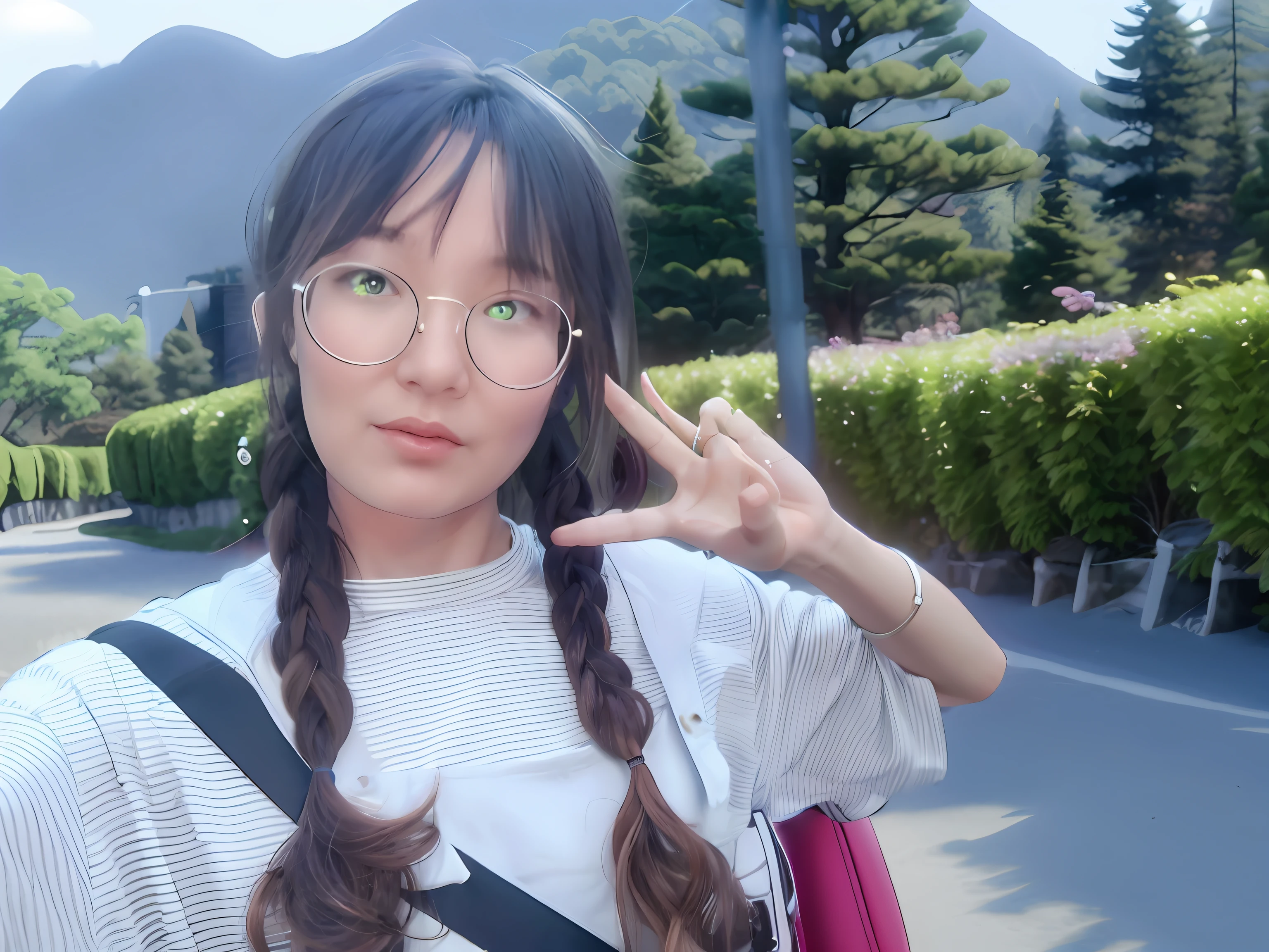 The background is replaced by a hillside full of cherry blossoms