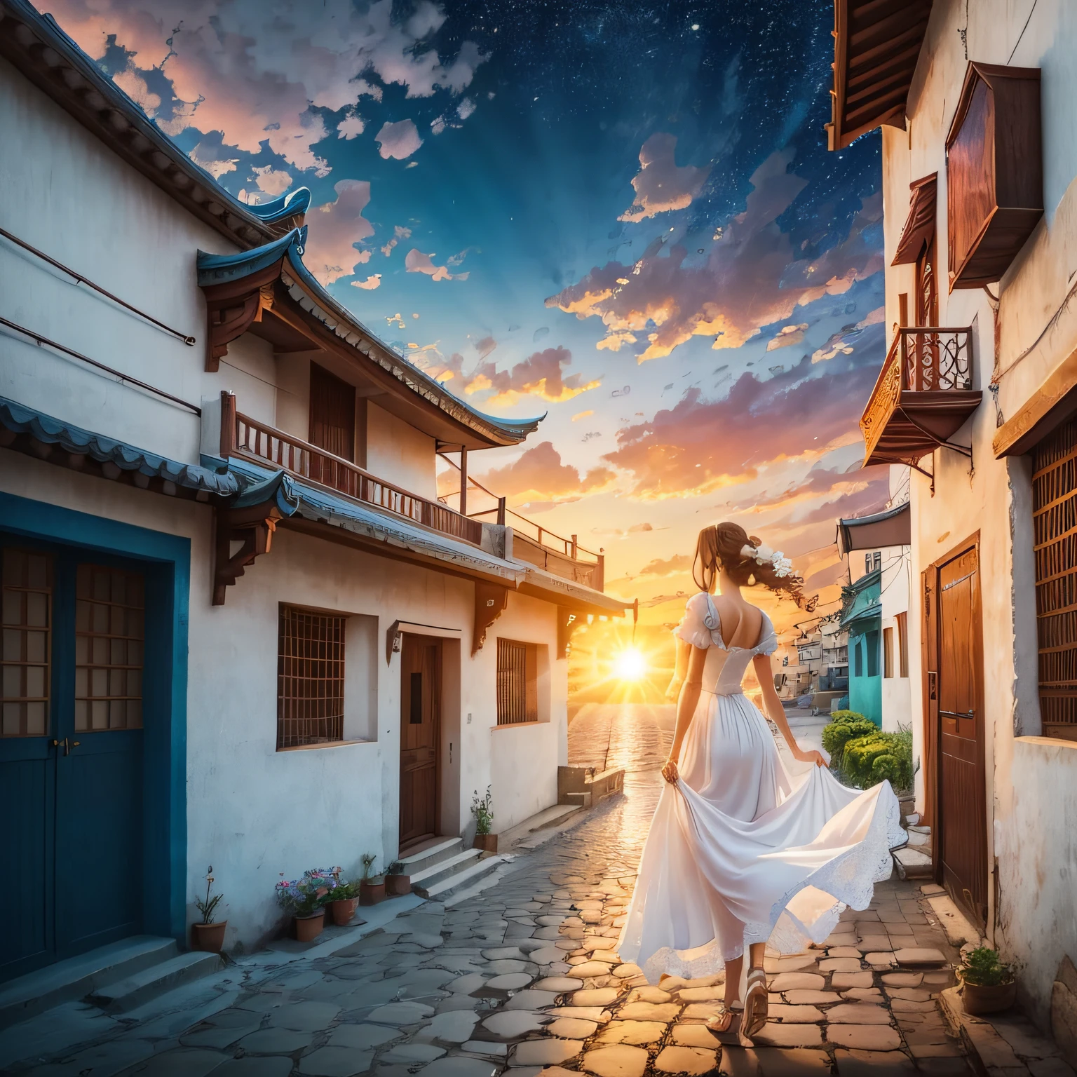 The sunset by the sea, the lonely city alley, the sunshine jasmine, the bright sun, the stars, the sunset, the blue sky, beautiful,The view is natural、atmospurate,The sunset reflects the entire city,Multiple alleys,The figure is graceful,Mature and naïve girl in white nightdress,Hand to Jasmine,Standing like a princess in front of the castle。 --auto