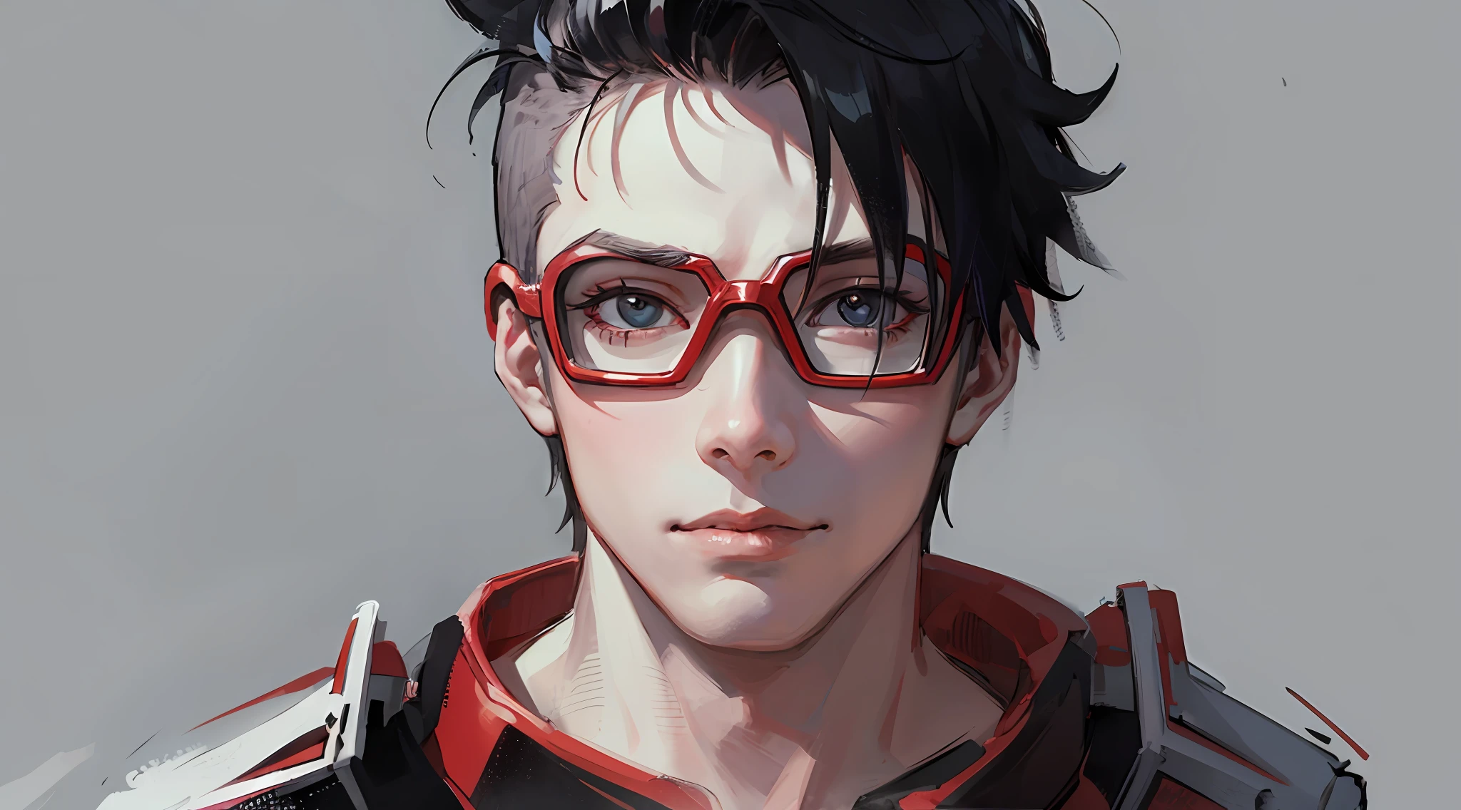 anime,Front view, portrait of Renato, male character, white skin, square face, lean body, short black hair shaved on the sides, wearing a red t -shirt, goggles on the face --auto --s2