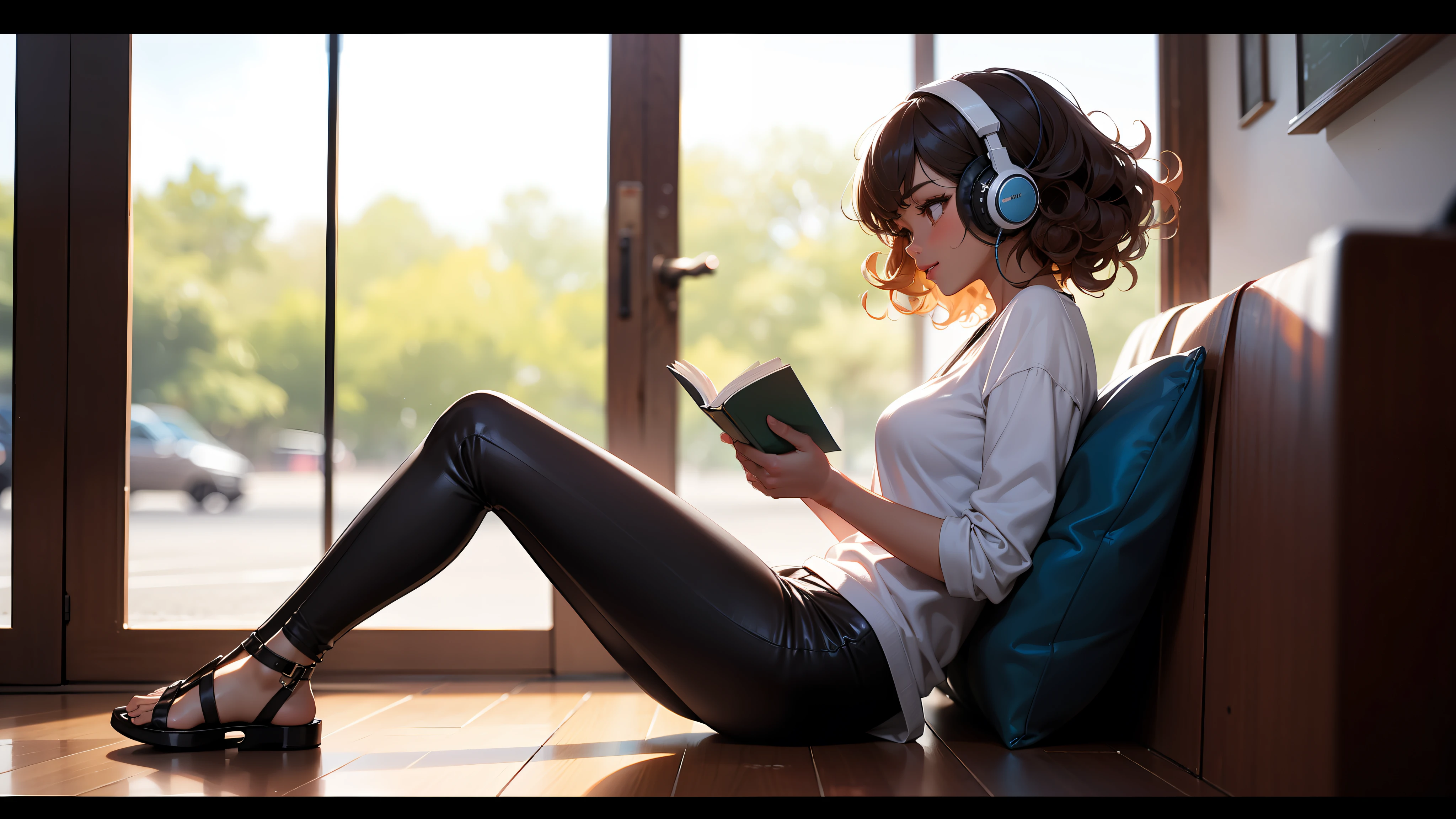 masterpiece, best quality: 1.5), ultra-detailed, soft light, night light, cinematic light, film grain, (depth of field), (1girl, ground, background: 1.5), (((full body)) ), (Happy: 1.1),((dark skin tone:1.0)), ((brazilian girl)), (student), silhouette, perfect female shape, (perfect face, detailed face, glossy lips, eyeliner), ( ((curly hair))) , (leggings, sandals), ( mixtape: 1.4 ), (headphones), (sitting on the floor), (in profile), (reading a book)