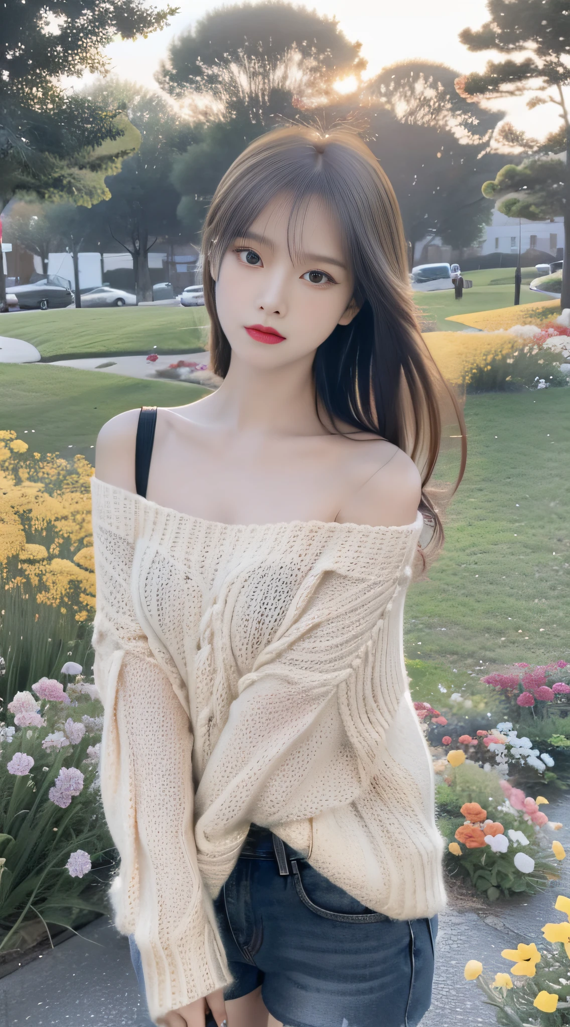 （true to life，Photorealistic 1.5）,((best qualtiy, 8K, tmasterpiece:1.3)), (二重まぶた，largeeyes:1.3),（The expression is pitiful 1.5），（Full body photo 1.5）（Aggrieved expression 1.5）Clear focus 1.2, Perfect body beauty:1.4 , Delicate skin1.1，（Ball head 1.2），（Delicate facial features1.4），（Pure desire 1.3）Black one-shoulder sweater，denim short，Knee-length black stockings，Stand among the flowers on the ground，（Flowers all over the ground 1.5）