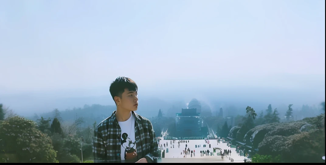 There was a man standing on the windowsill looking at the view of the city, instagram post, zmonzheng, Cai Xukun, Yan, jinyiwei, Inspired by Bian Shoumin, miko, instagram picture, steve zheng, bian luan, 🚿🗝📝, xintong chen, smooth in _ Background with, ansel ]