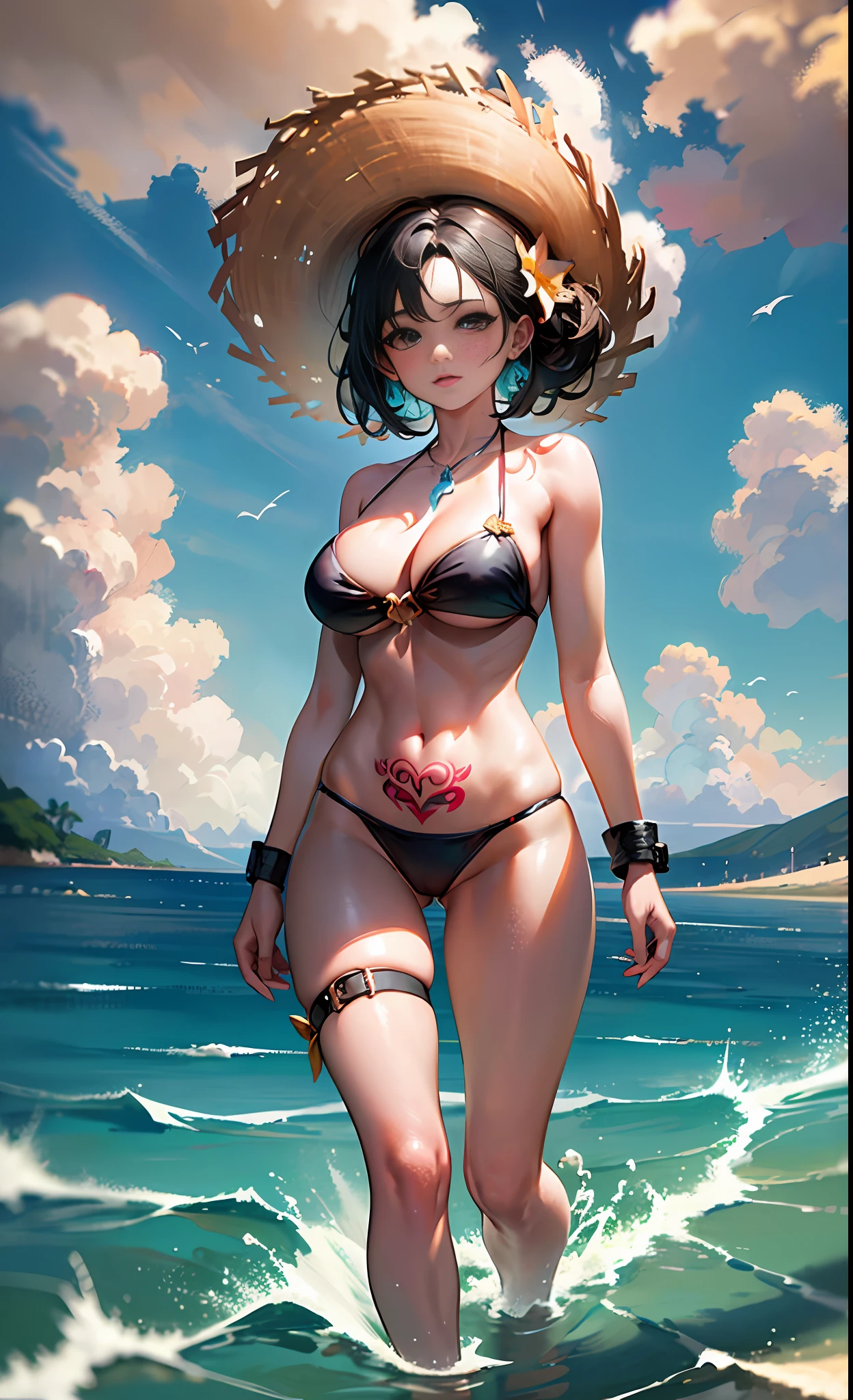 epic movie poster, volcano erupting, award winning (full body:1.3) portrait photo of a (moana:1.2), (seashell bikini:1.2), (water goddess:1.2), tribal tattoos, (wading:1.2) in the pacific (ocean:1.1), arms behind head, (partially submerged shot:1.2), (waves:0.9), desert island background, palm trees, beach,fluffy clouds in the sky, outrun, vaporware, trending on artstation, highly detailed, fine detail, intricate, (lens flare:0.9), (backlighting:0.9), (bloom:0.9), [Style-Micro::10]