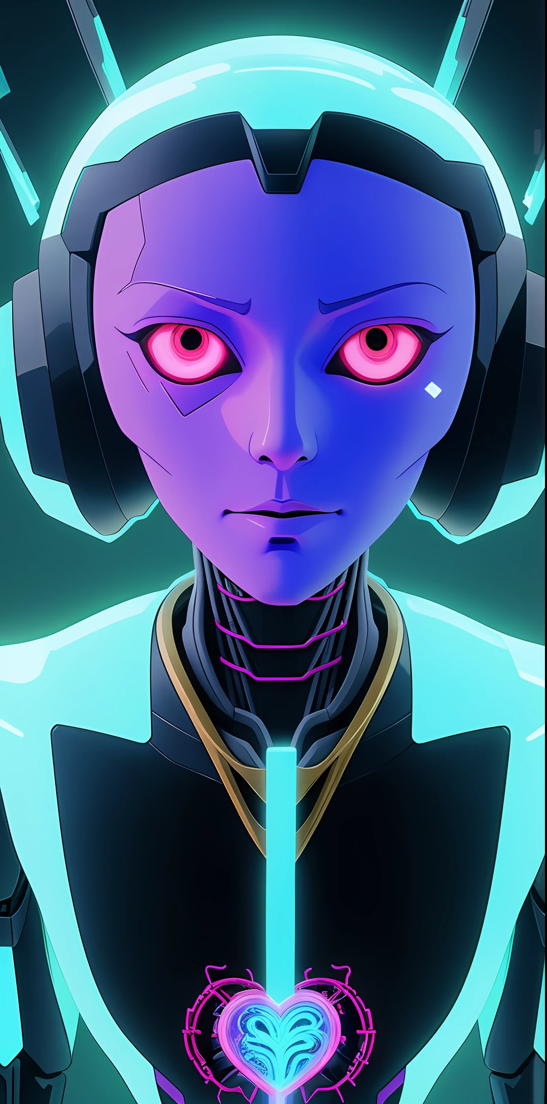 Blue-purple,A streamlined robot,The head shows half of the humanoid brain,The other half is a mechanical face,mechanical eyes,The eyes are dim,Bare mechanical ribcage,Mechanical hands,Hold up,A broken mechanical heart,Heart fluid drips,cold light,sci-fy,mirai,detail-rich,high qulity