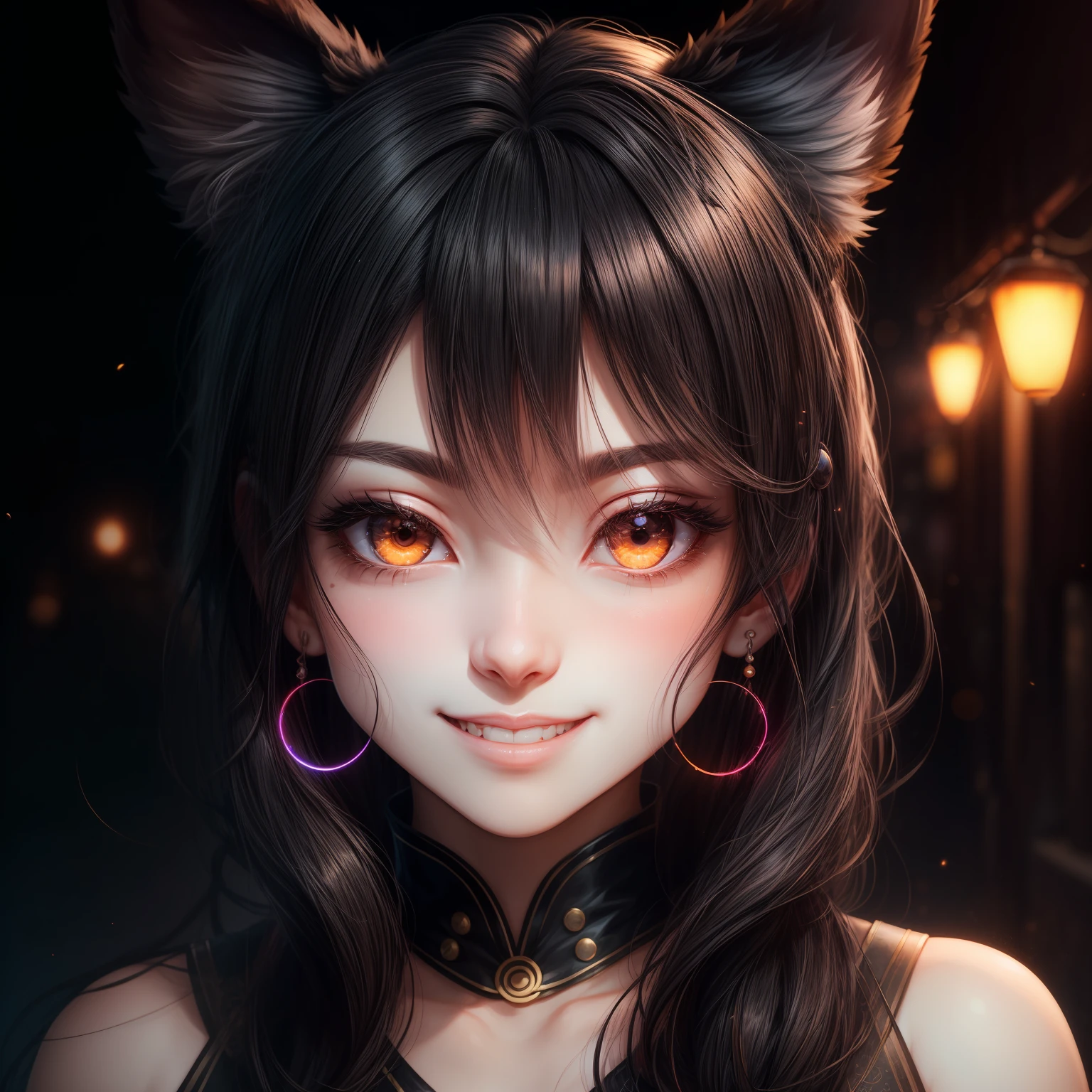 black hair, hair bobbles, wince, longeyelashes, solid circle eyes, fake animal ears, light smile, ear blush, fang, drop shadow, anaglyph, stereogram, tachi-e, pov, atmospheric perspective, 8k, super detail, ccurate, best quality, high details, textured skin --auto