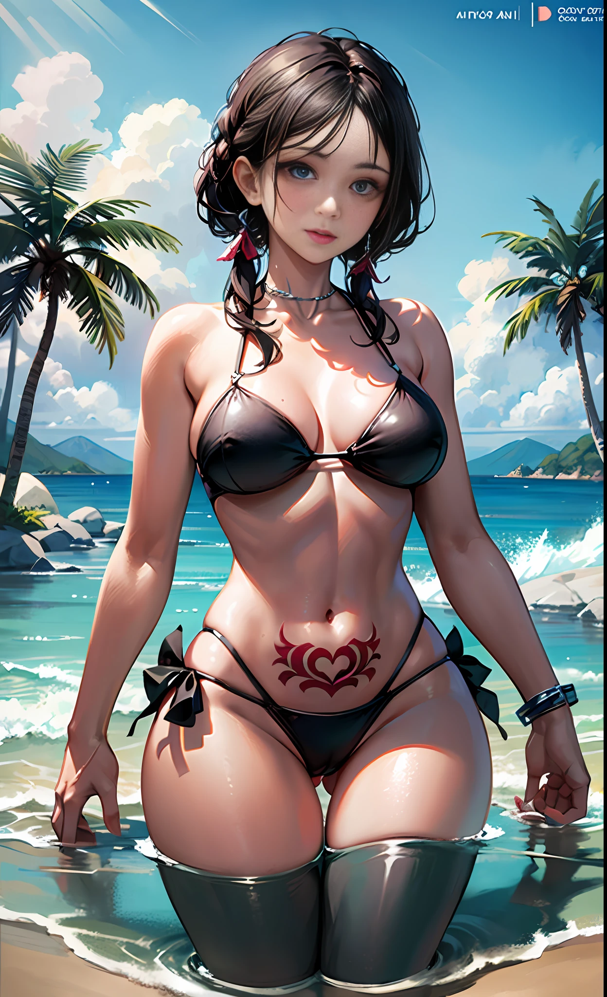 epic movie poster, volcano erupting, award winning (full body:1.3) portrait photo of a (moana:1.2), (seashell bikini:1.2), (water goddess:1.2), tribal tattoos, (wading:1.2) in the pacific (ocean:1.1), arms behind head, (partially submerged shot:1.2), (waves:0.9), desert island background, palm trees, beach,fluffy clouds in the sky, outrun, vaporware, trending on artstation, highly detailed, fine detail, intricate, (lens flare:0.9), (backlighting:0.9), (bloom:0.9), [Style-Micro::10]
