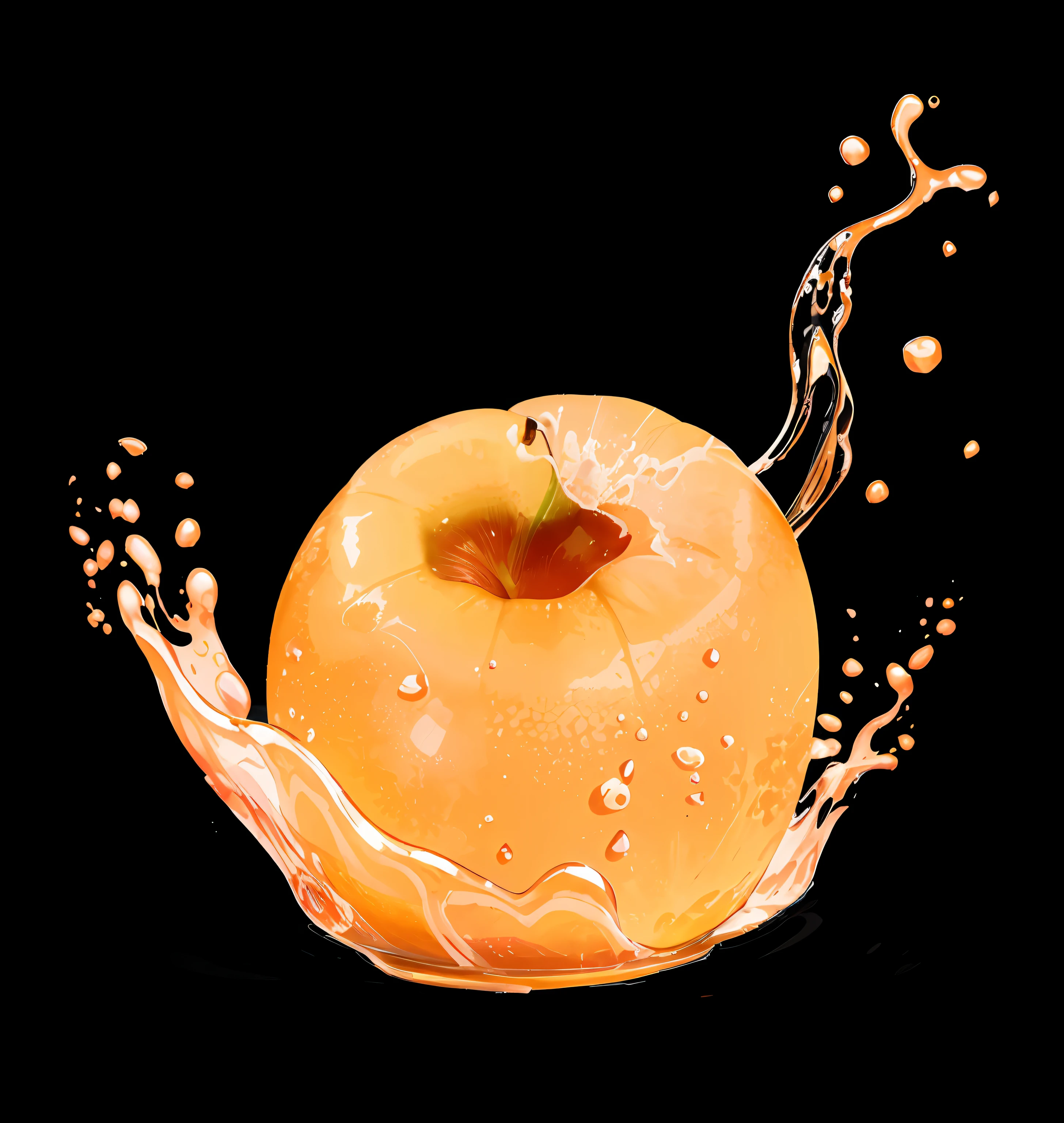 There is a pear,There was water splashed on it, Orange-yellow, professional fruit photography, realistic jelly splashes, on black background, apple, Juicy pears like a person, On a black background, spatter, fairy fruit. rendering by octane, spilling juice,, oranges floating in water, juice
