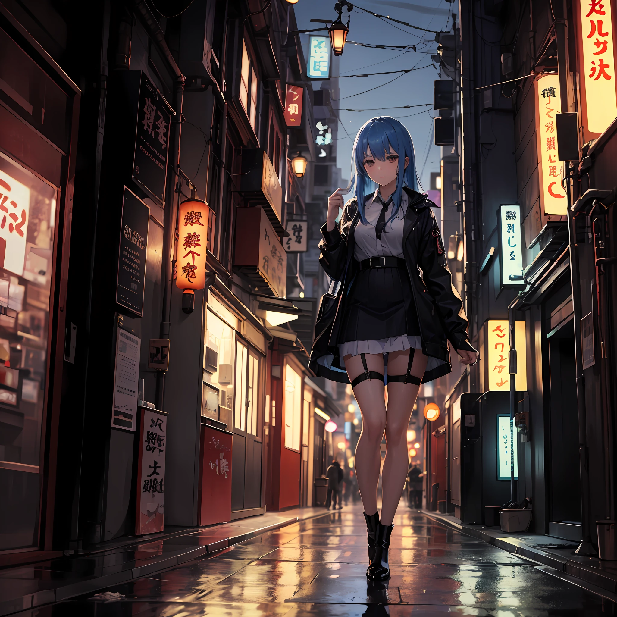 (best quality, masterpiece: 1.3), 1girl, rainy day, fog, alley, umbrella holding, large and transparent umbrella, looking at the viewer, blue hair, facing the photo, cyberpunk city, alone in the alley, neon in the alley, very reflective city, long hair, sized strands going over the alley, bars, Japan, Tokyo, garter belt on one leg, knee pad on the other leg, perfect hand, delicate, night