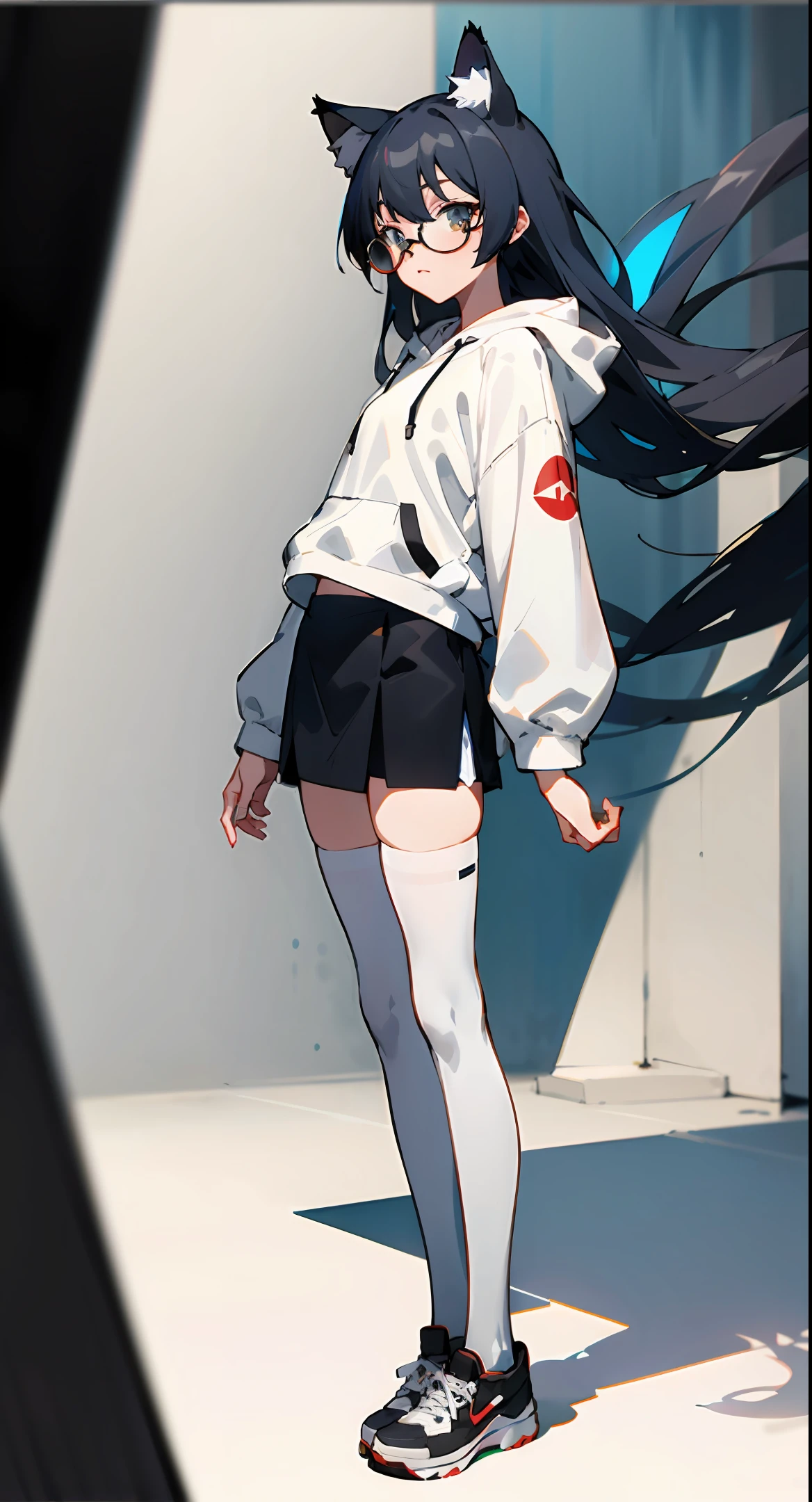 Anime Black long hair Gray cat ears Black round frame glasses Off-white hoodie Dark blue short skirt White stockings Black canvas shoes