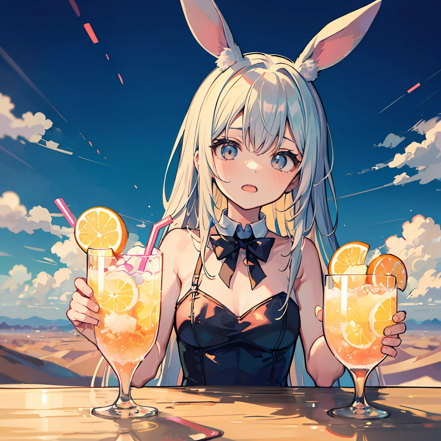 Rabbit-eared girl perspiring astonished face cool drink I'm drinking A desert desert background horizon