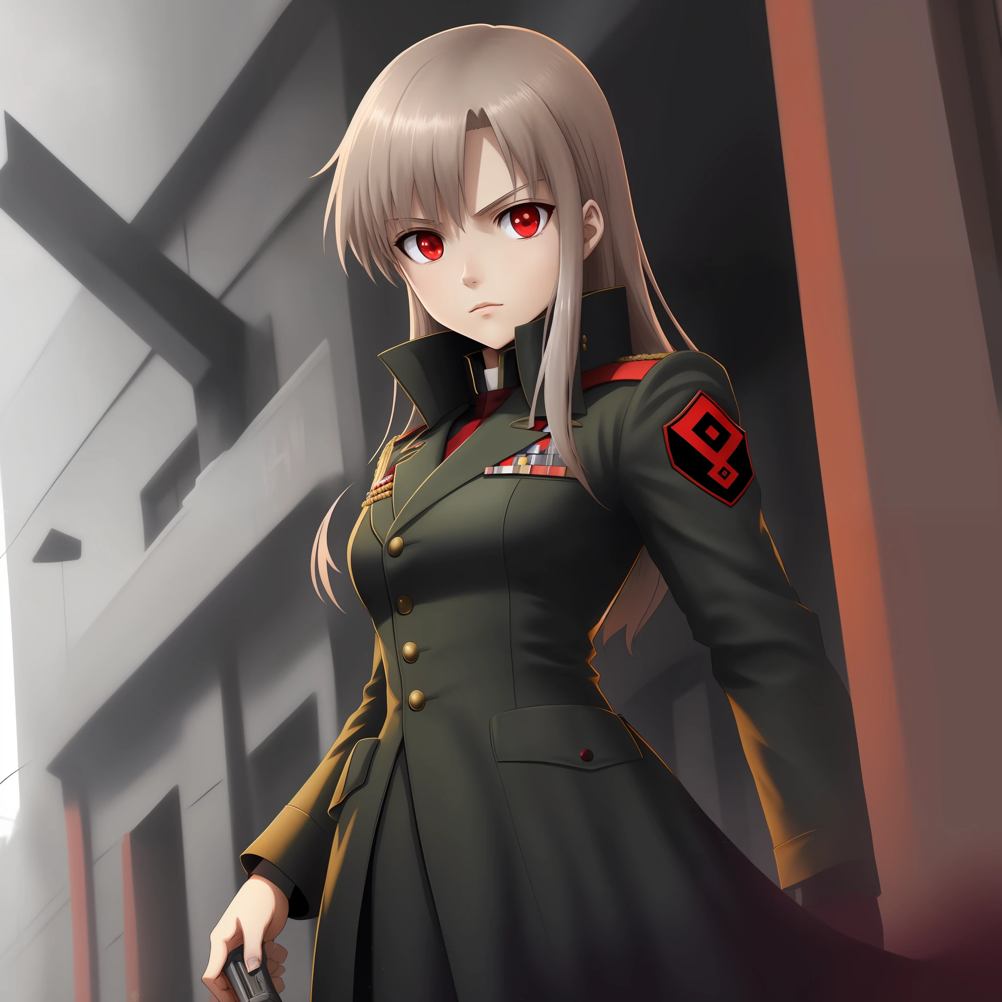 German-style military uniform,world war 2,army suit,Deutsche,Nazi,German Third Reich,Commander,Generals,luminous red eyes,Demon anime,anime style like fate/stay night,Anime shoujo protagonist,solo person,whaite hair,hair straight,Long, waist-length hair,8K,tmasterpiece,sabre,miltary