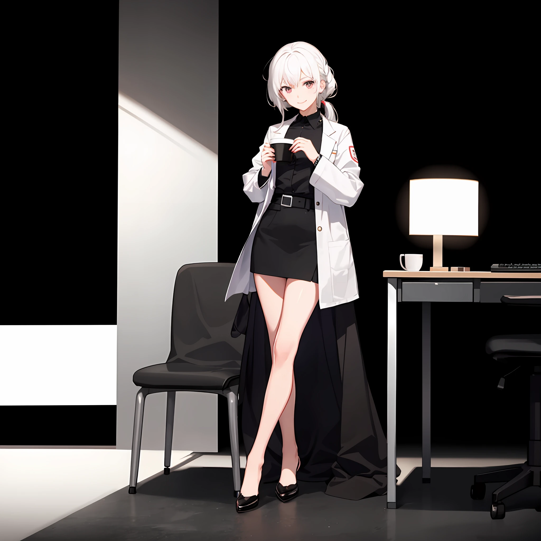 White hair,Long hair, Draped hair, no ponytail girls, White lab coat, Coat, A cup, head-up to the camera, Facing the camera, In a dark room，The girl sat in a black office chair, with her hands folded on her , revealing her legs in black silk, With a smiling emoji, and her left foot on her right foot，There is a bunch of flashing displays behind the girl，The display is on a black desk，