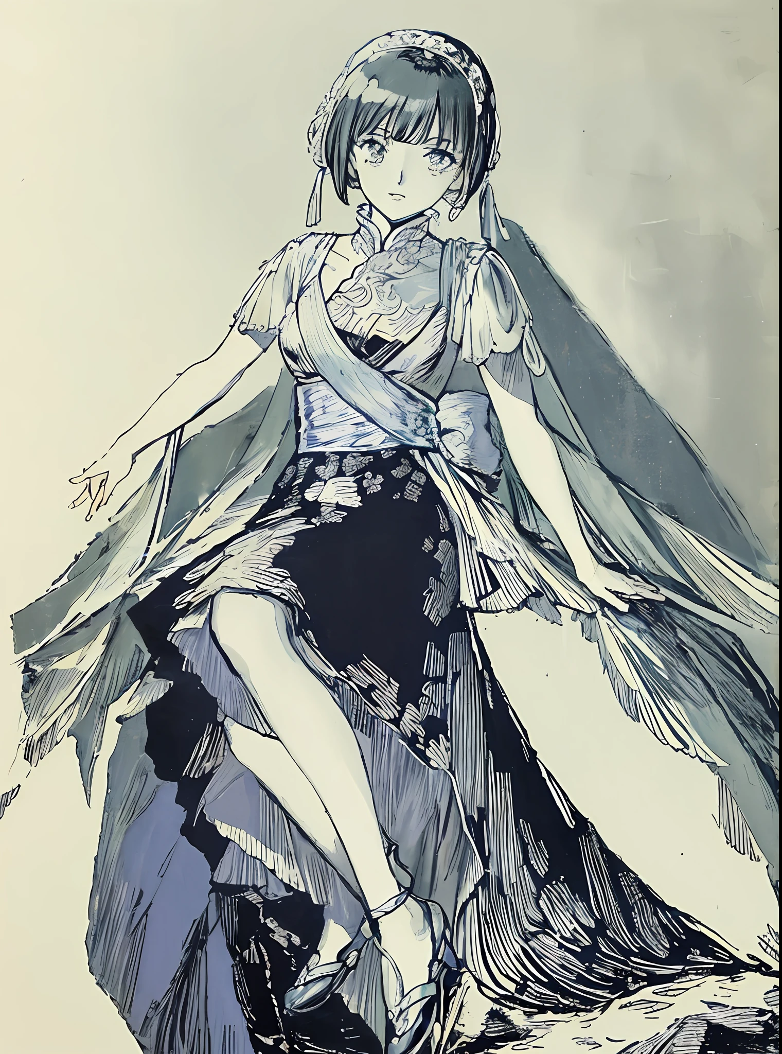 "Painting of a woman sitting on a rock in a dress，Presented in the form of an anime sketch，Marin Kitagawa fanart，Focus on the characteristics of line sketches and anime comics，The posture remains the same，Inspired by Lee Chi Shi，An anime style with a style like destiny/stay night，Shadow effects can be processed using anime painting or shadow processing，Suitable for beginner art，Presents anime body and faded drawing effects。"