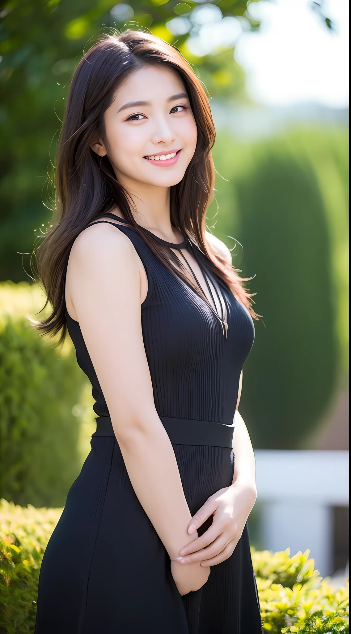 ((best qualtiy,8k,tmasterpiece:1.3)), 1girll, ssmile, full bodyesbian, Slim Faces, Beautiful woman, (dark brown hair), full length dress :1.1, Super detailed face, Detailed eyes, 二重まぶた, blur backgroun, Slim Faces, Tano,